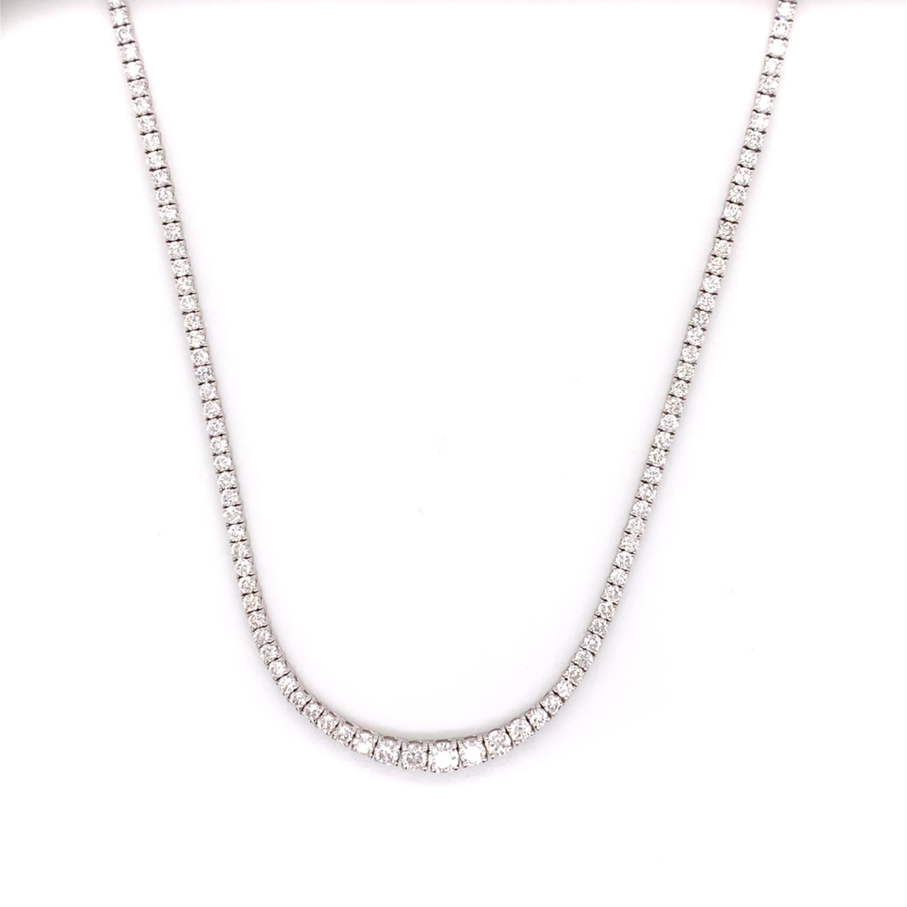 Tennis Necklace made with real/natural brilliant cut diamonds. Total Diamond Weight: 3.32 carats. Diamond Quantity: 107 brilliant cut diamonds. Diamond Color: G. Clarity: SI. Mounted on 18 karat white gold with security close.