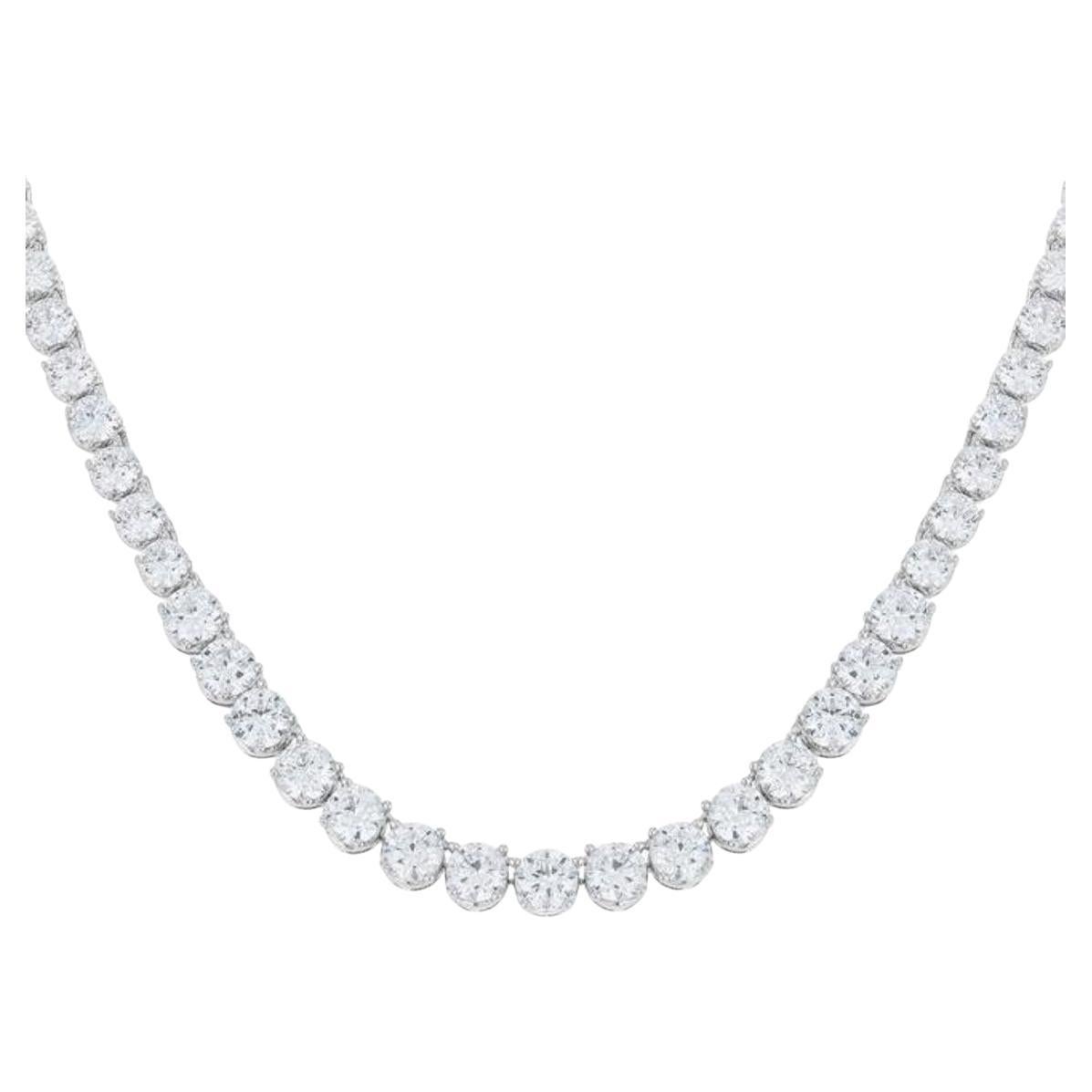 Diamond Riviera Three Claws 18 Carat White Gold Tennis Line Necklace 18 Kt For Sale