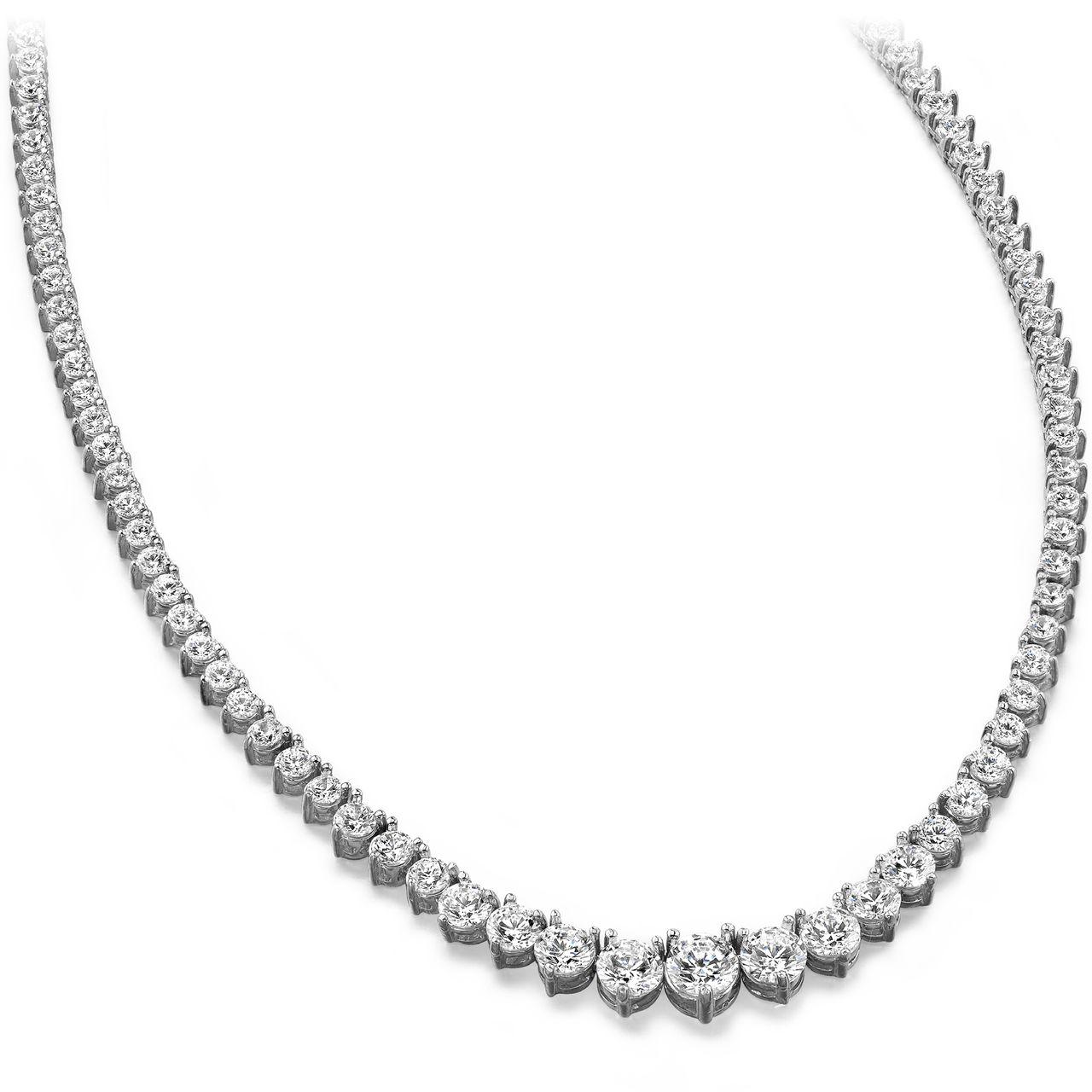 Round Cut Diamond Riviera Three Claws 8.5 Carat White Gold Tennis Line Necklace 18 Kt For Sale