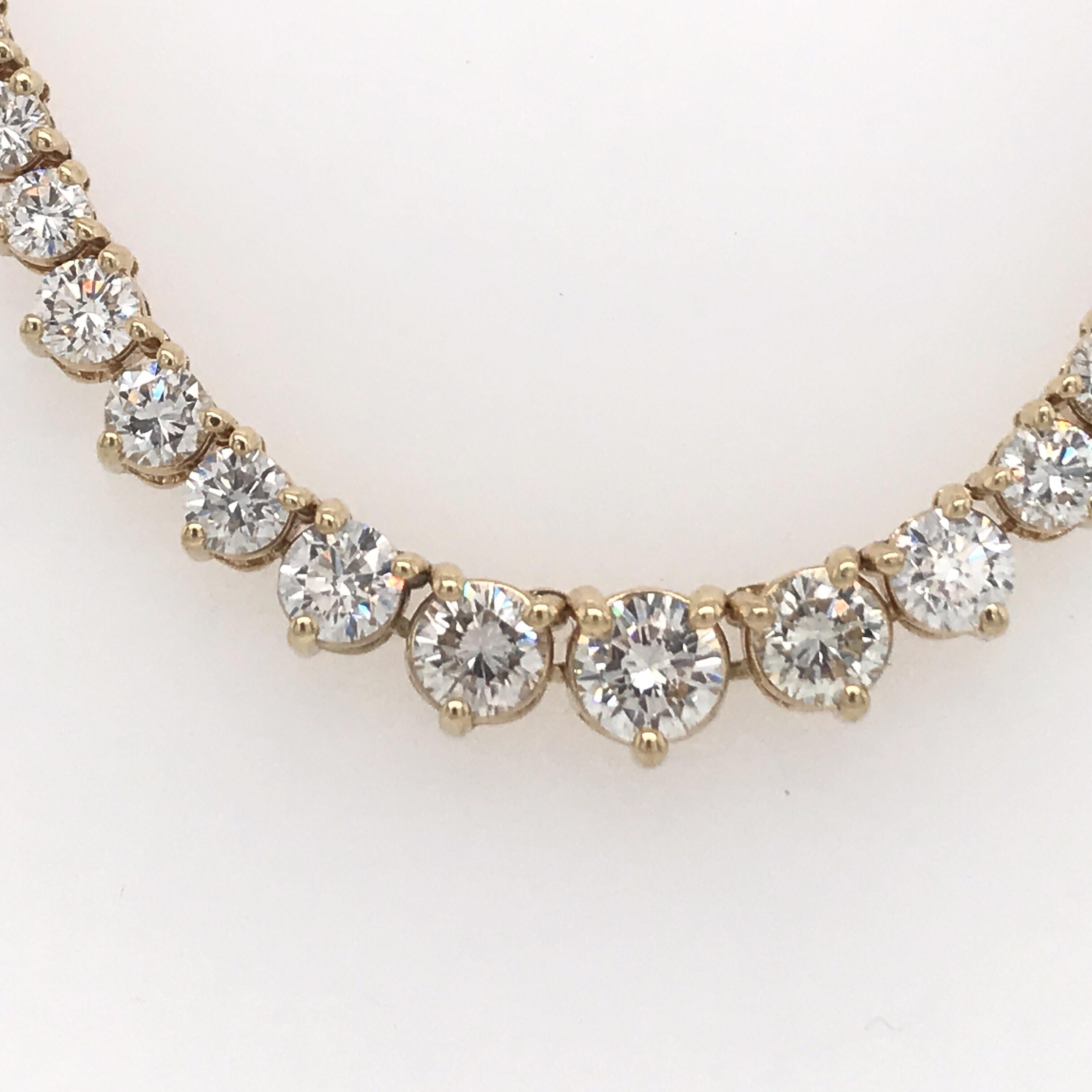 Graduated diamond riviere necklace featuring 161 round brilliants weighing 8 carats in 14k yellow gold.
Color G-H
Clarity SI

Can custom make any size.