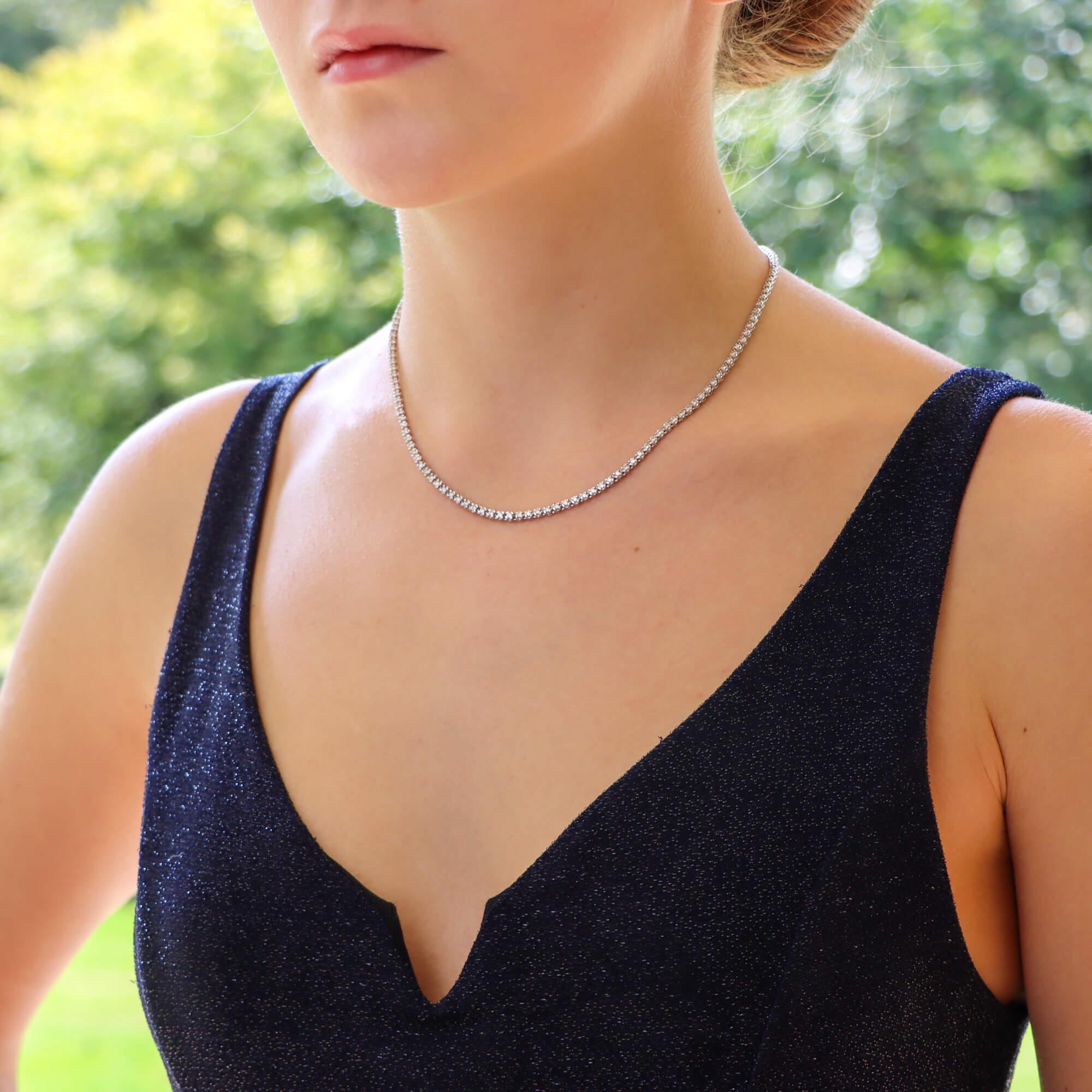 Women's or Men's Diamond Riviere Necklace Set in 18k White Gold
