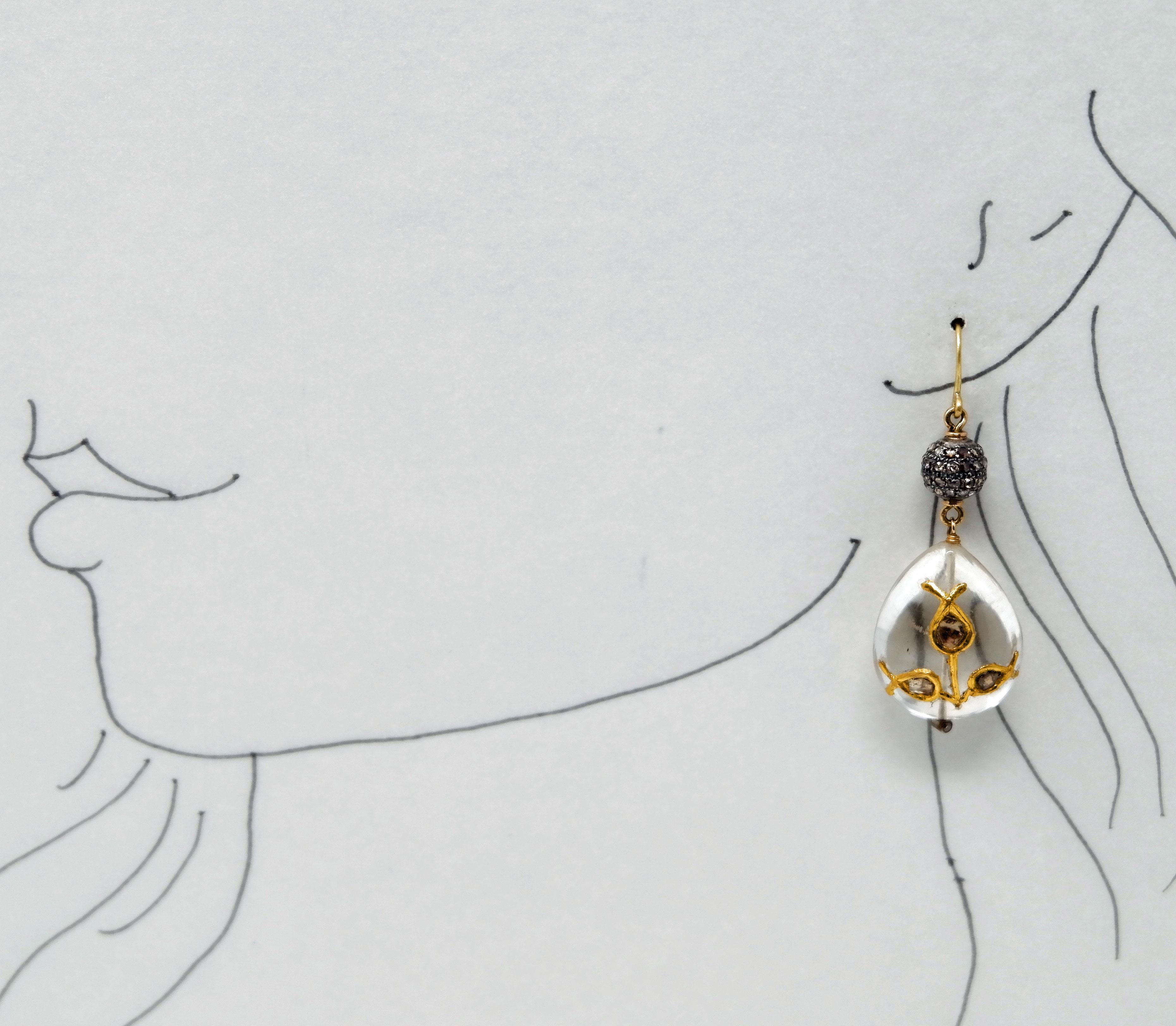 Contemporary Diamond Rock Crystal 18 Karat Gold Drop Earrings For Sale