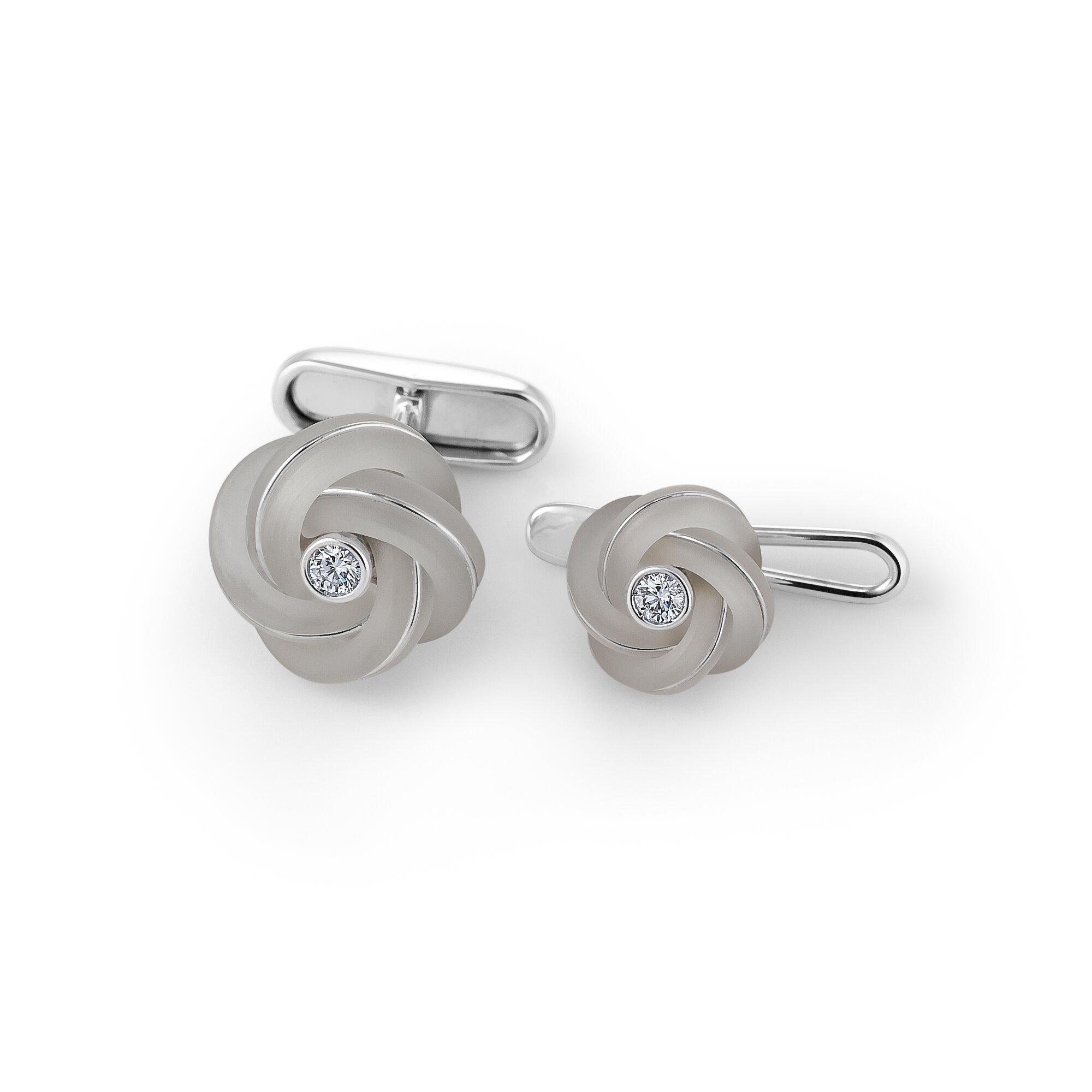 Diamond Rock Crystal White Gold Handmade Knot Cufflink Stud Set In New Condition In Greenwich, CT