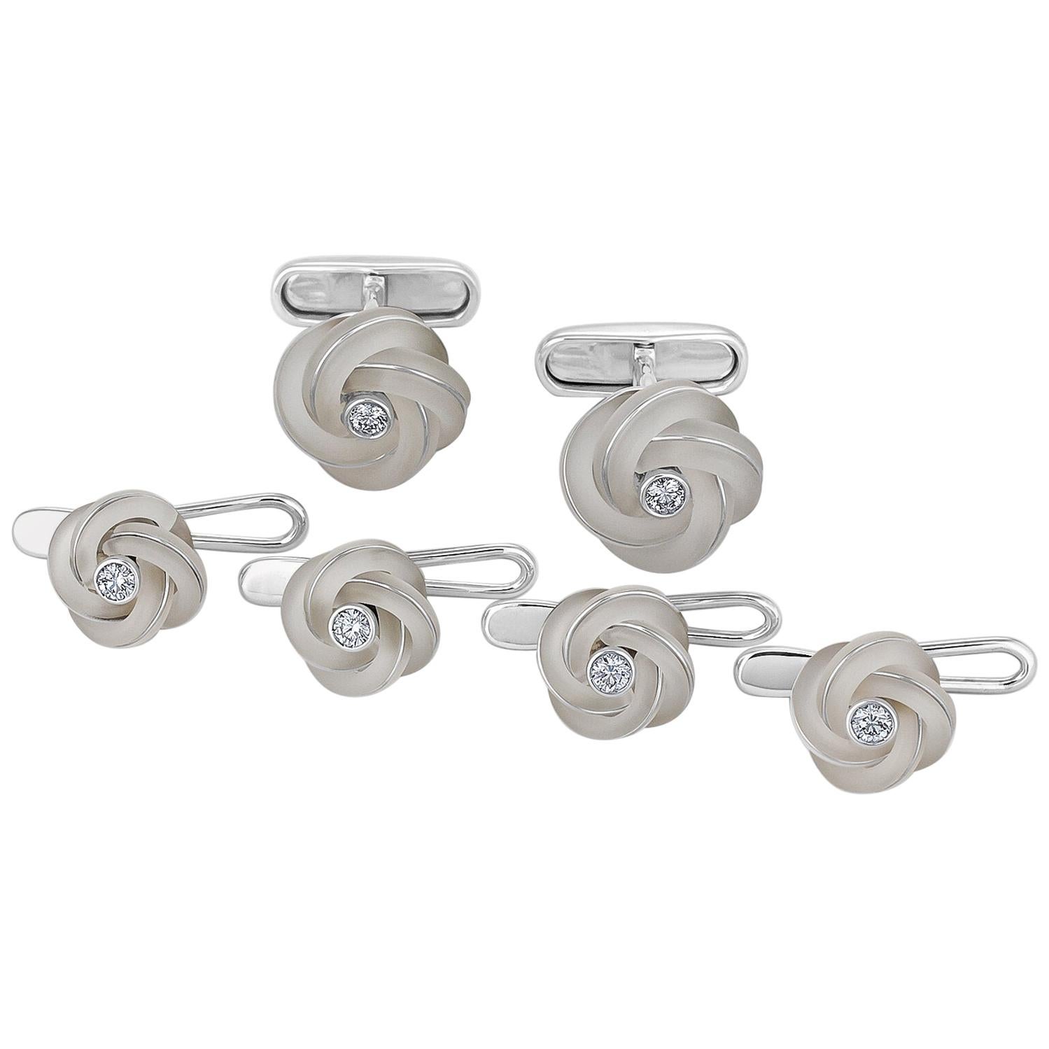 Diamond Rock Crystal White Gold Handmade Knot Cufflink Stud Set