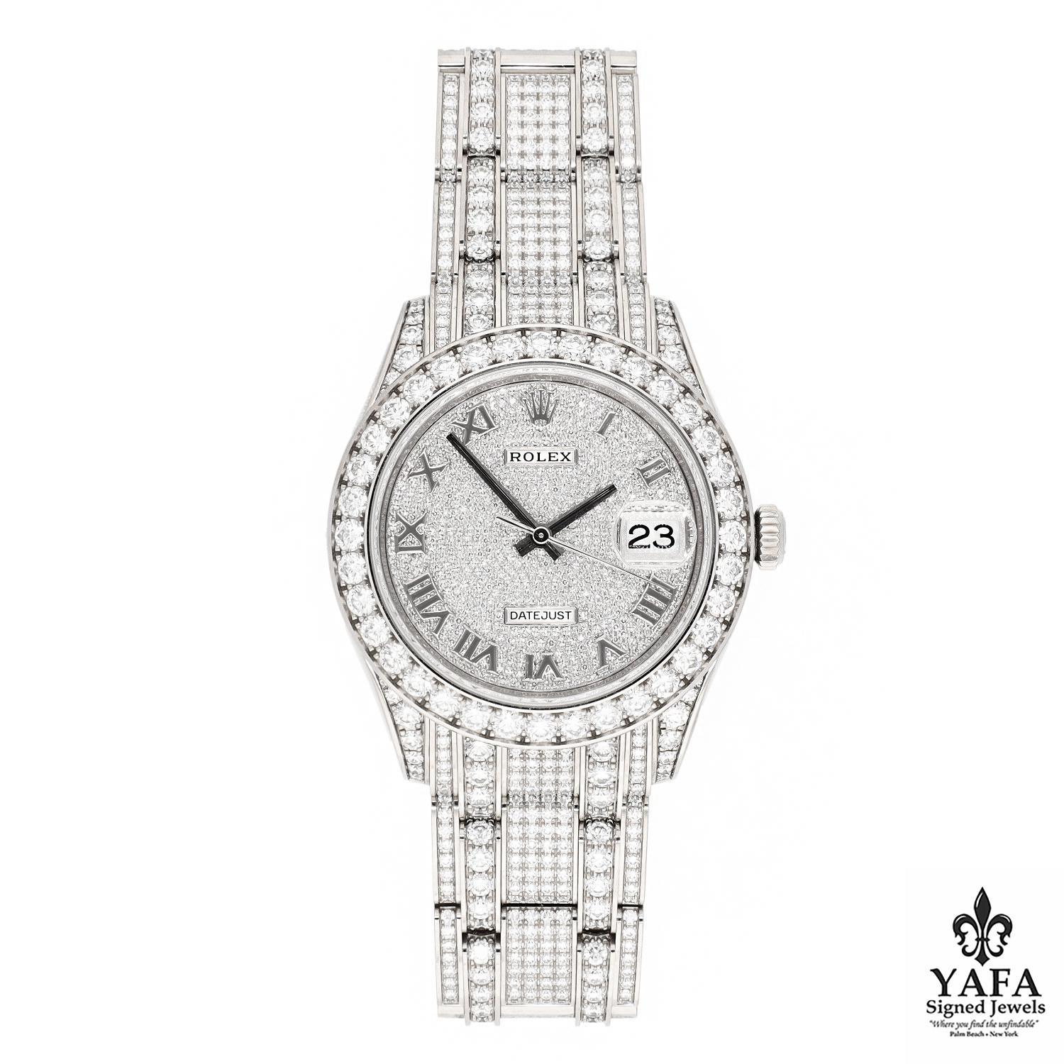 18K White Gold Case with a 18K White Gold Diamond Pearlmaster Bracelet. Fixed 18K White Gold Diamond Bezel. Diamond Pave Dial with Roman Numeral Hour Markers. Dial Type: Analog. Date Display at 3 O'clock Position. Rolex Calibre 3235 Automatic