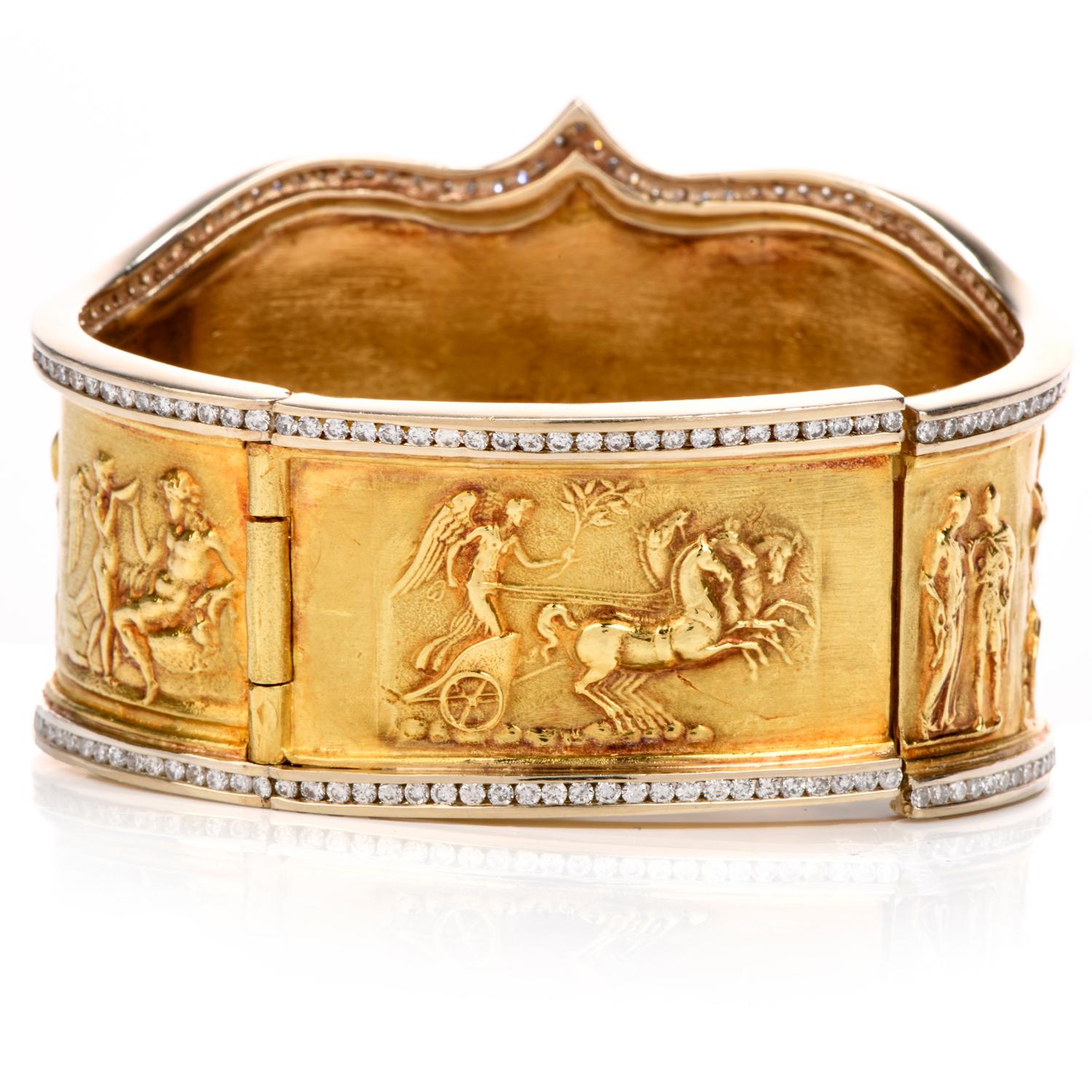 This artistic and bold Ancient Rome inspired bracelet is crafted in solid 18-kara yellow gold, weighing 137.8 grams and measuring up to 6.50” around the wrist x 43mm wide (max). Displaying an intricate design of a Roman civilization, with workers,