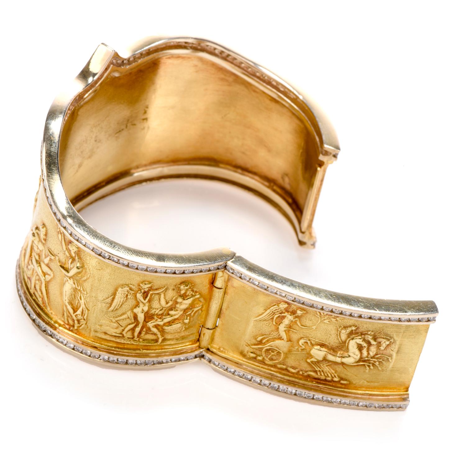 Diamond Roman Soldier and Cherub 18 Karat Yellow Gold Cuff Bracelet In Excellent Condition In Miami, FL