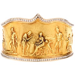 Diamond Roman Soldier and Cherub 18 Karat Yellow Gold Cuff Bracelet