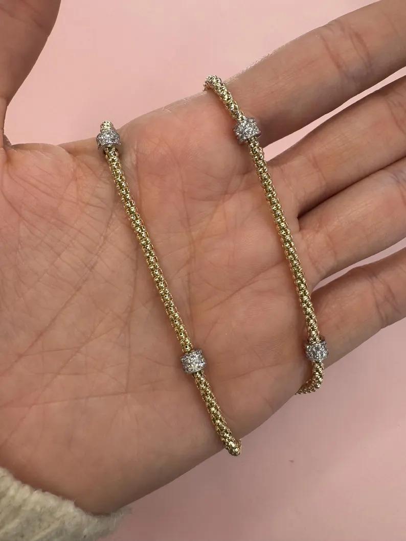 Diamond Rondel Beaded Woven Necklace 1.07 Carats 14 Karat Yellow Gold 9.07 Grams In New Condition In New York, NY