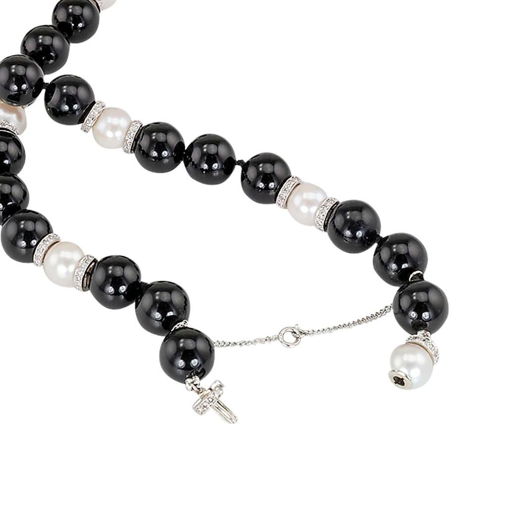 Modern Diamond Rondelle Black Onyx Pearl White Gold Bead Necklace