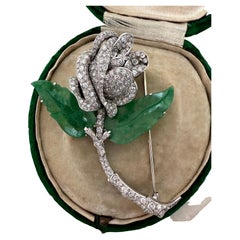 Antique Diamond Rose Brooch with Carved Jade Leaves