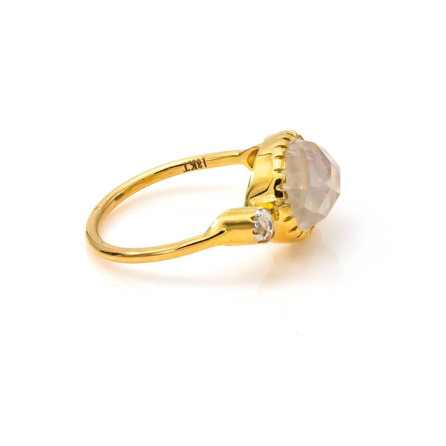 Contemporary Diamond Rose Cut and Faceted Oval Moonstone Ring in 18 Karat Gold