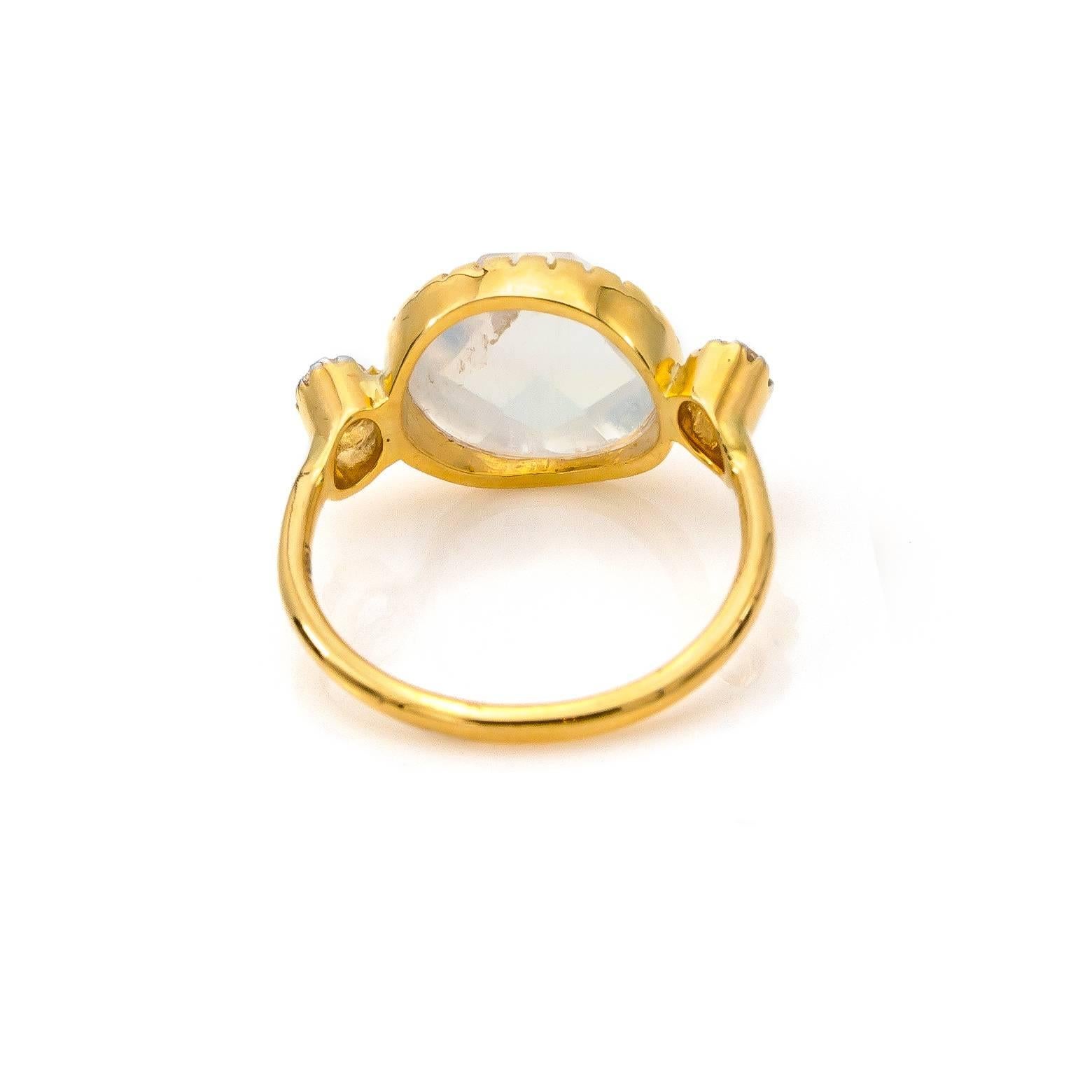 Oval Cut Diamond Rose Cut and Faceted Oval Moonstone Ring in 18 Karat Gold