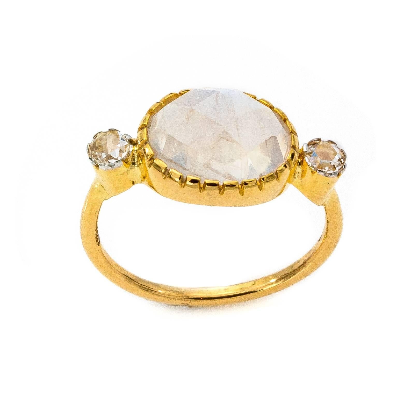 Women's Diamond Rose Cut and Faceted Oval Moonstone Ring in 18 Karat Gold