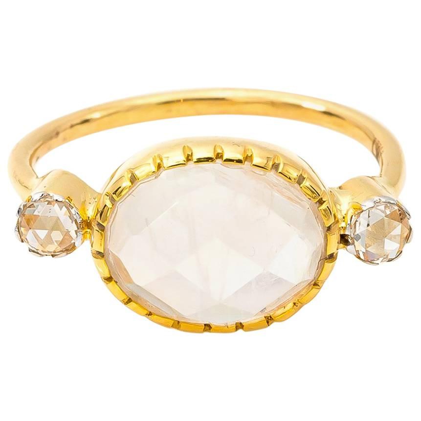 Diamond Rose Cut and Faceted Oval Moonstone Ring in 18 Karat Gold