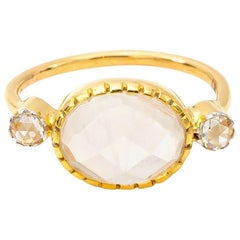 Diamond Rose Cut and Faceted Oval Moonstone Ring in 18 Karat Gold
