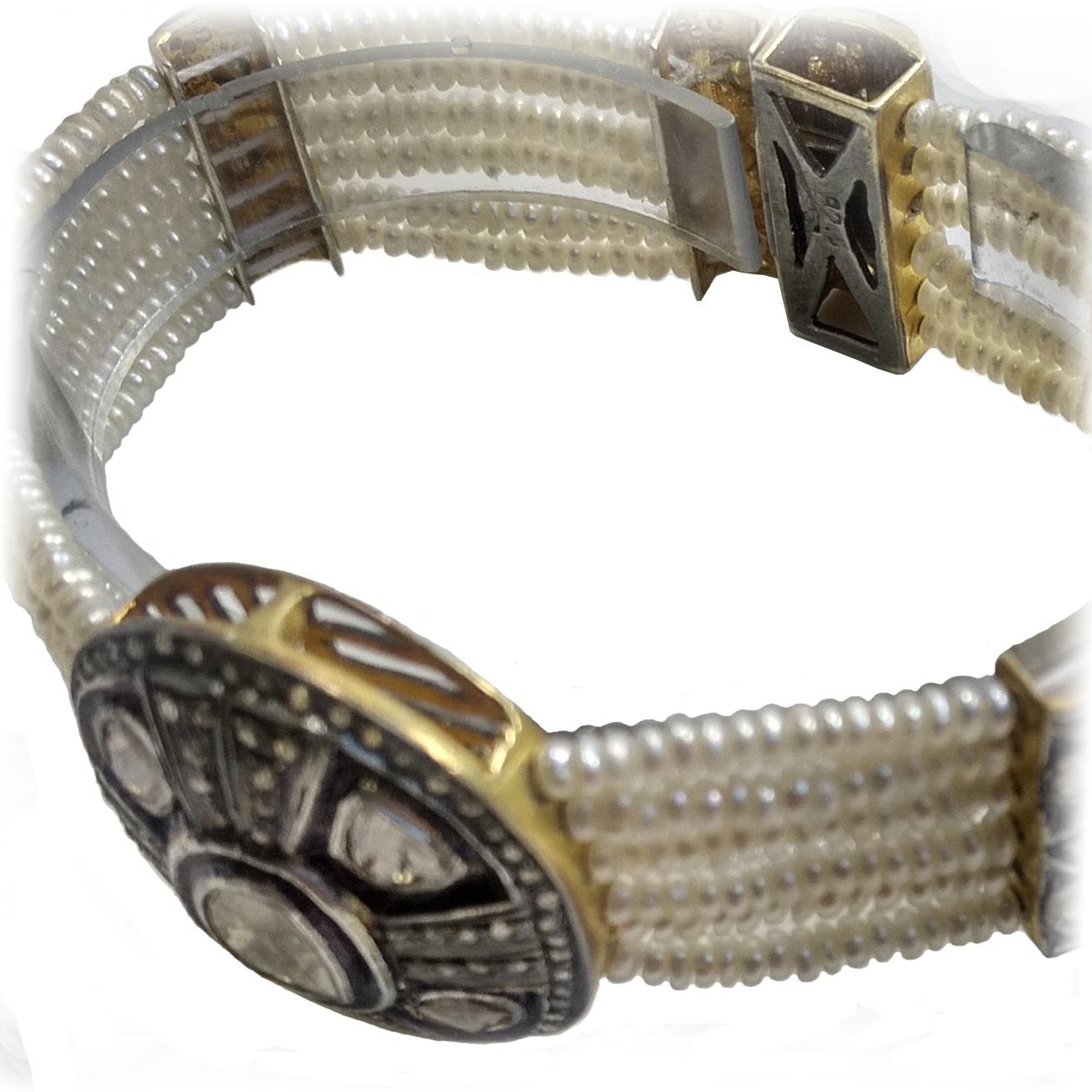Women's or Men's Diamond ‘Rose Cut’ and Freshwater Pearls Bracelet