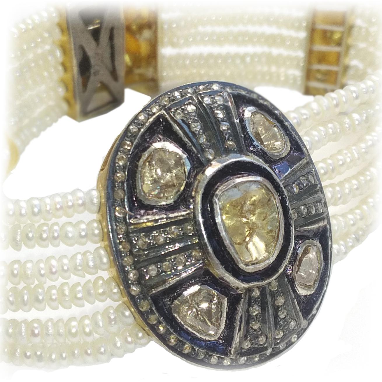 Diamond ‘Rose Cut’ and Freshwater Pearls Bracelet für Damen oder Herren