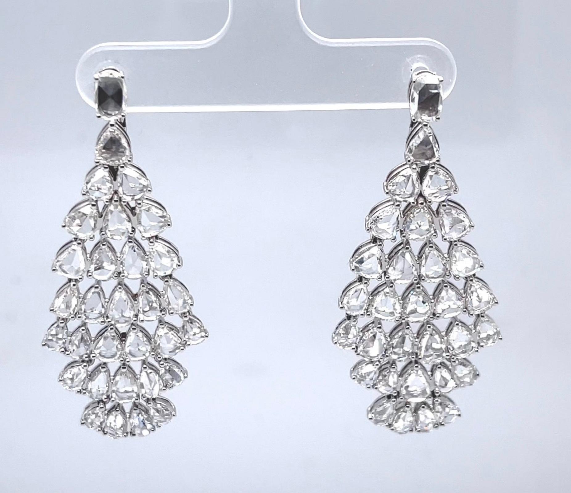 Women's Diamond Rose Cut Chandelier Earrings 10.50 Carats 18K White Gold For Sale