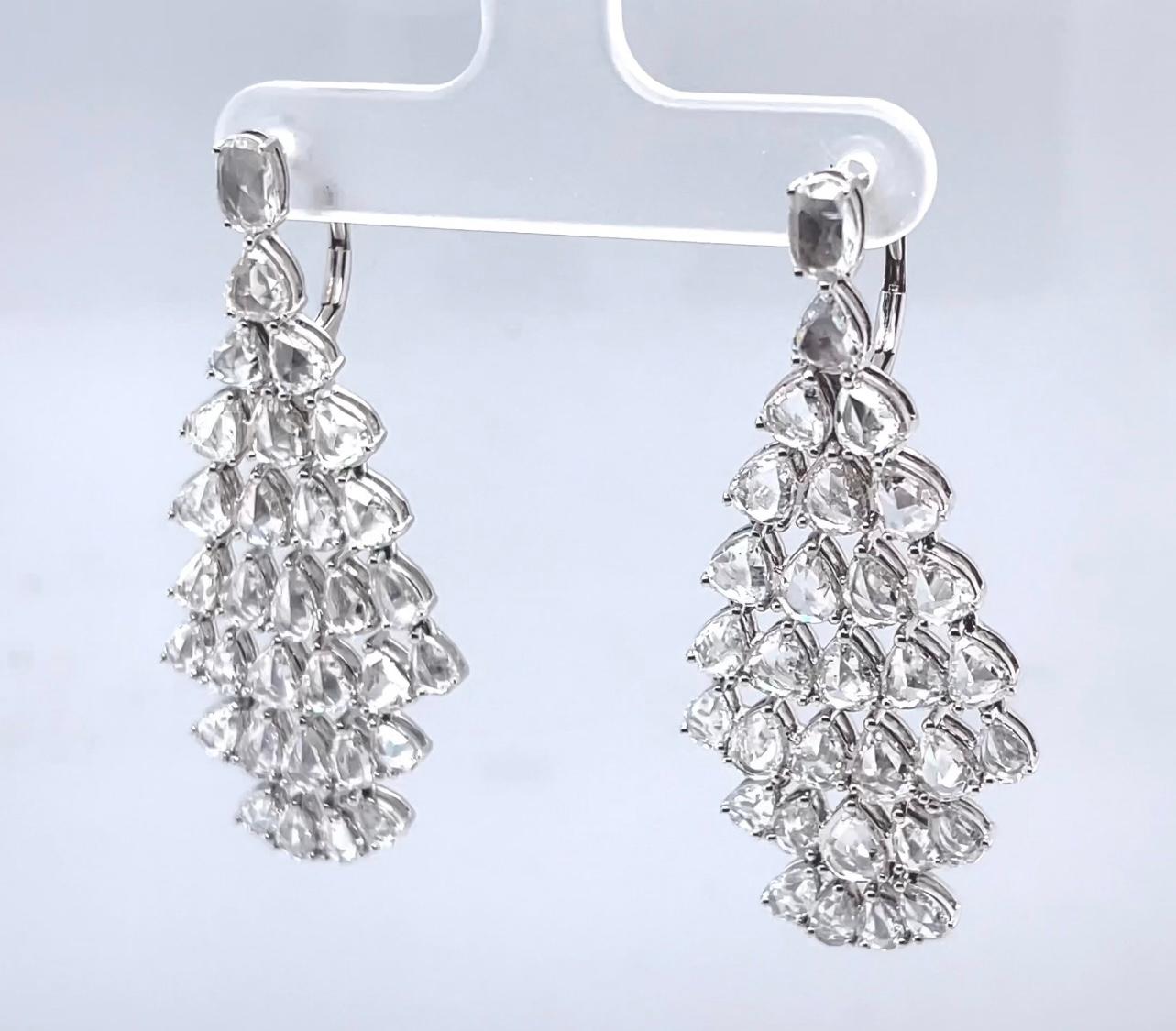 Contemporary Diamond Rose Cut Chandelier Earrings 10.50 Carats 18K White Gold For Sale