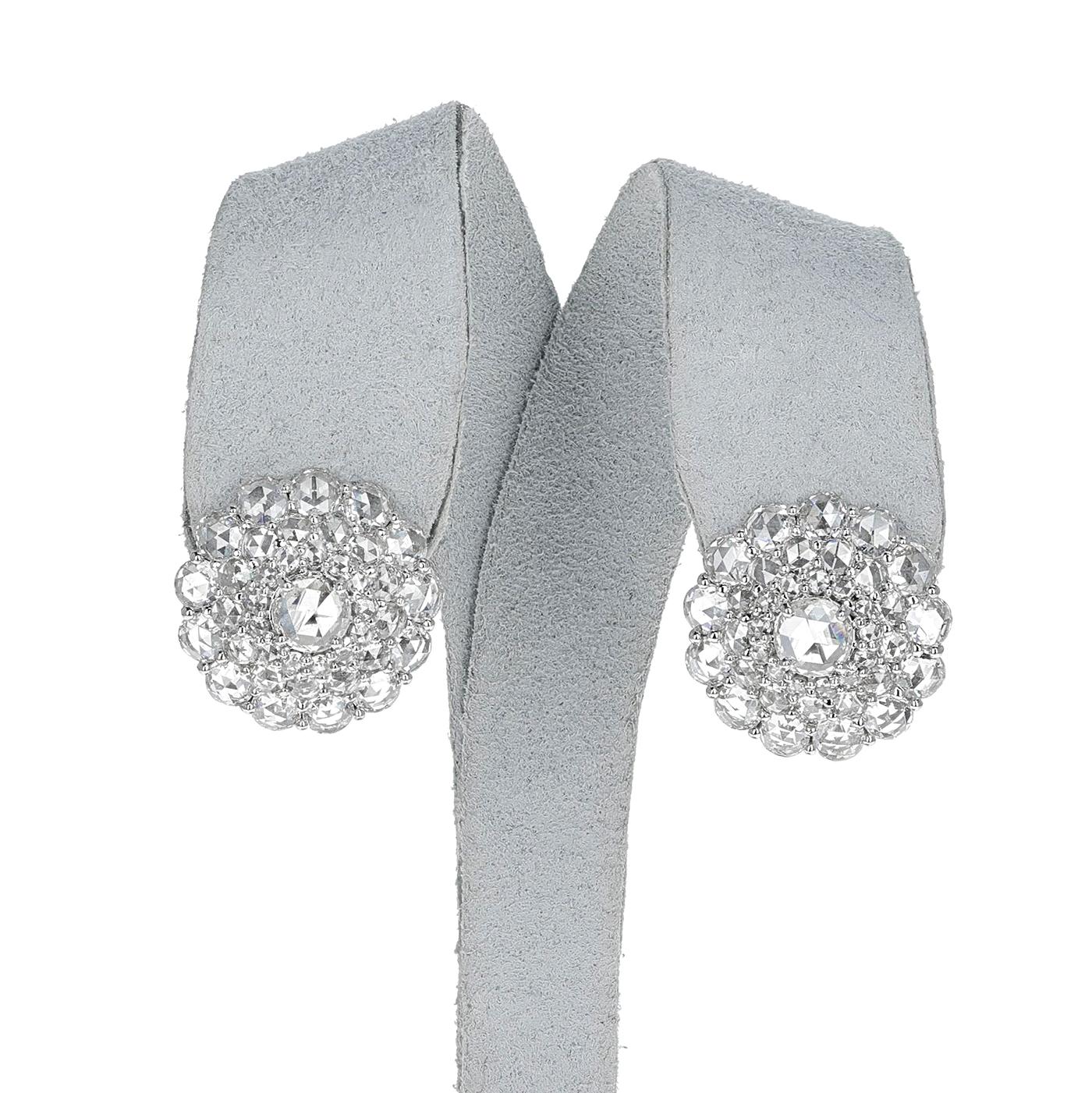 Diamond Rose Cut Cluster Cocktail Earrings In Excellent Condition For Sale In New York, NY