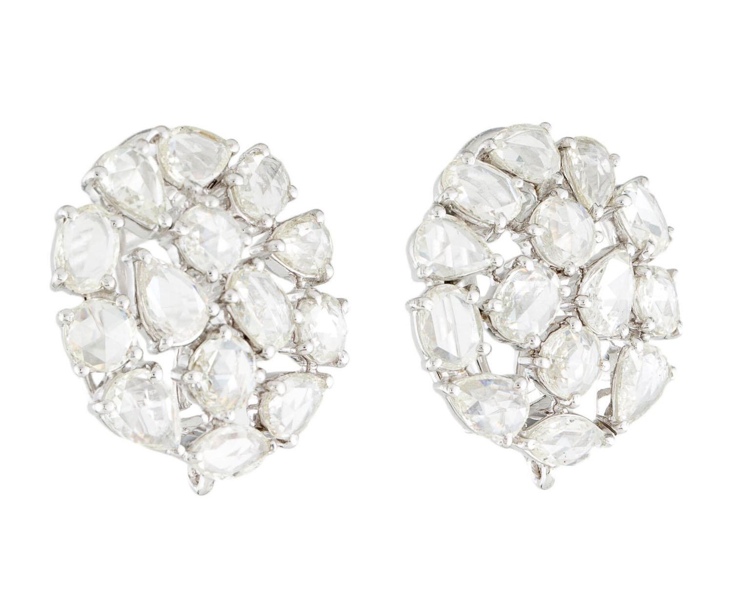 A pair of beautiful Diamond Rose Cut Round Earrings in 18K White Gold. The earrings are very light-weight and look great with any outfit. The length is 0.85