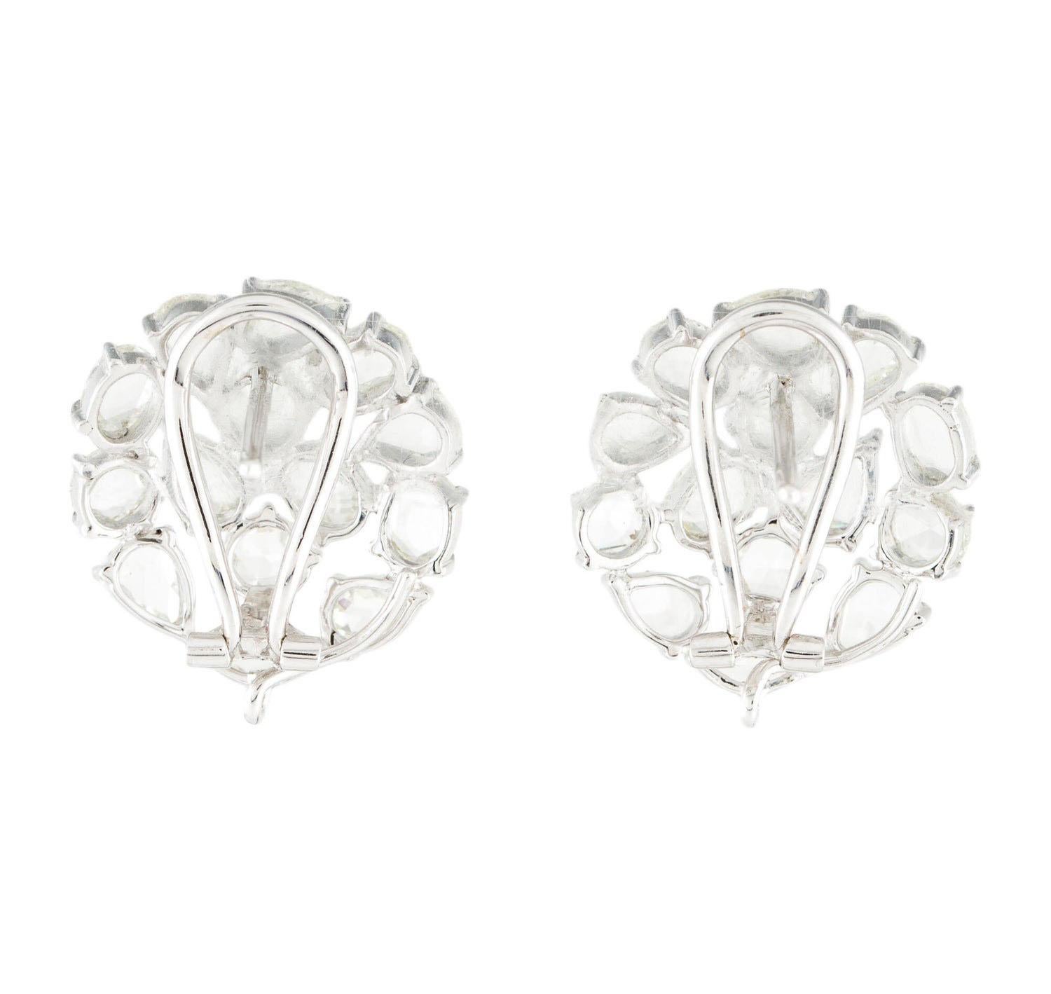 Diamond Rose Cut Round Earrings, 18 Karat White Gold In Excellent Condition In New York, NY