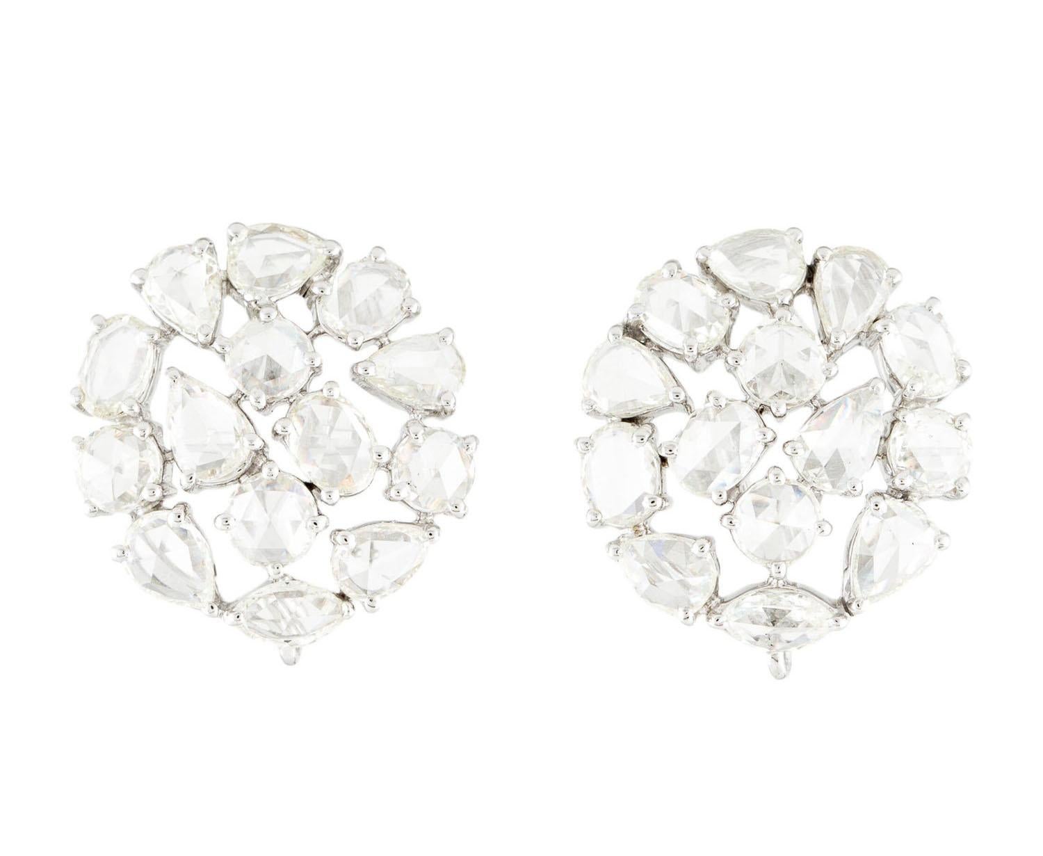Women's or Men's Diamond Rose Cut Round Earrings, 18 Karat White Gold