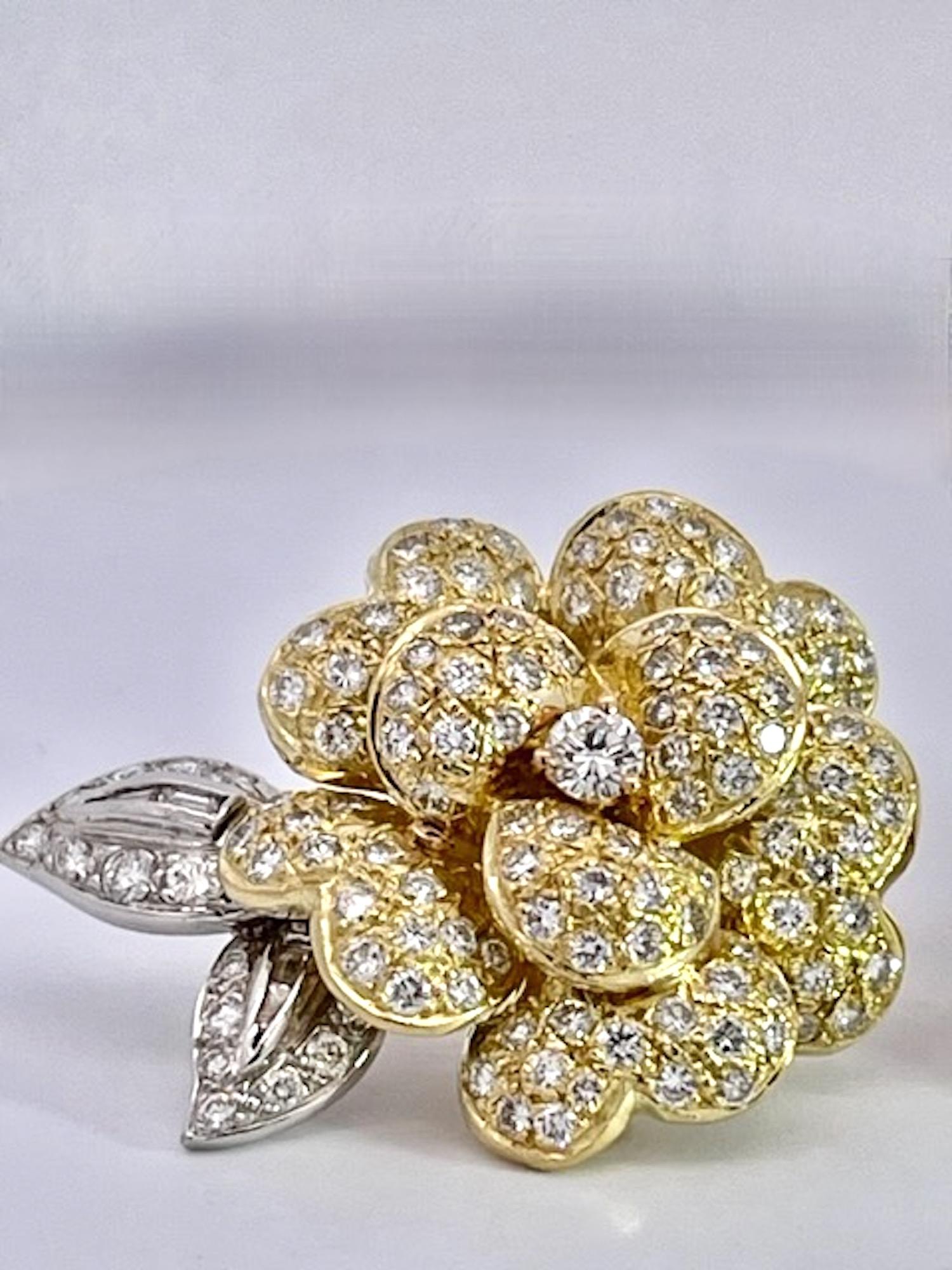 Round Cut Diamond Rose Earrings Large Yellow Gold 14K For Sale