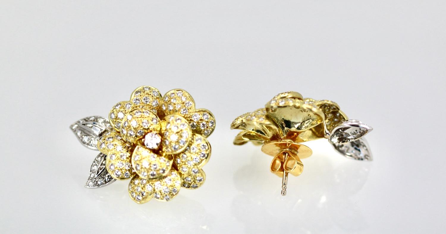 Boucles d'oreilles rose diamantée en or jaune 14K en vente 3