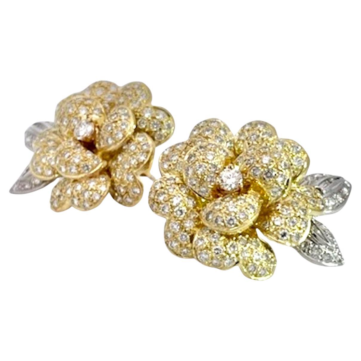 Diamond Rose Earrings Large Yellow Gold 14K For Sale