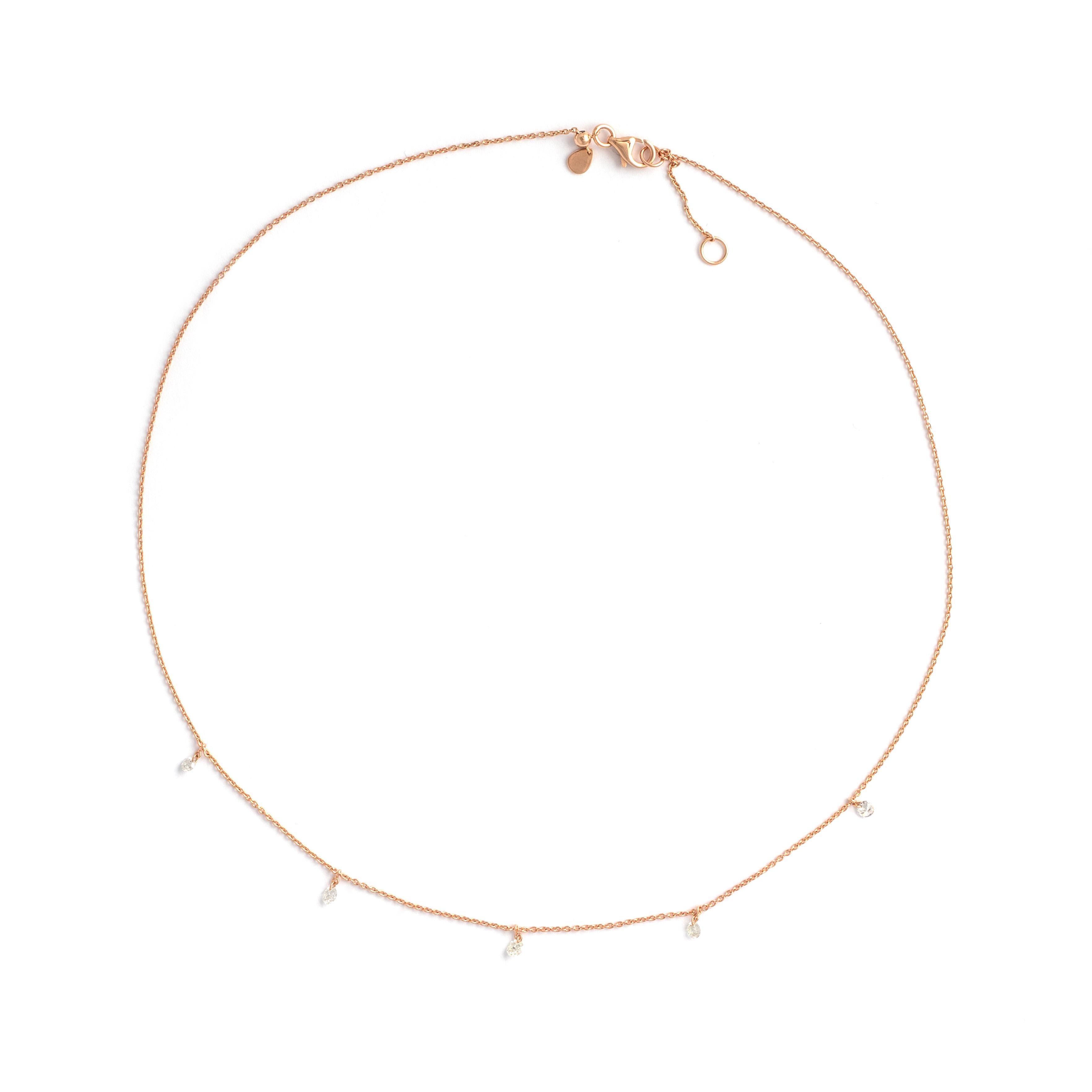 Necklace in rose gold 18K round cut diamonds 0.45 carat, estimated G color and Si1 clarity. 
Total gross weight: 2.65 grams.
Lenght: 43.00 centimeters up to 45.50 centimeters

