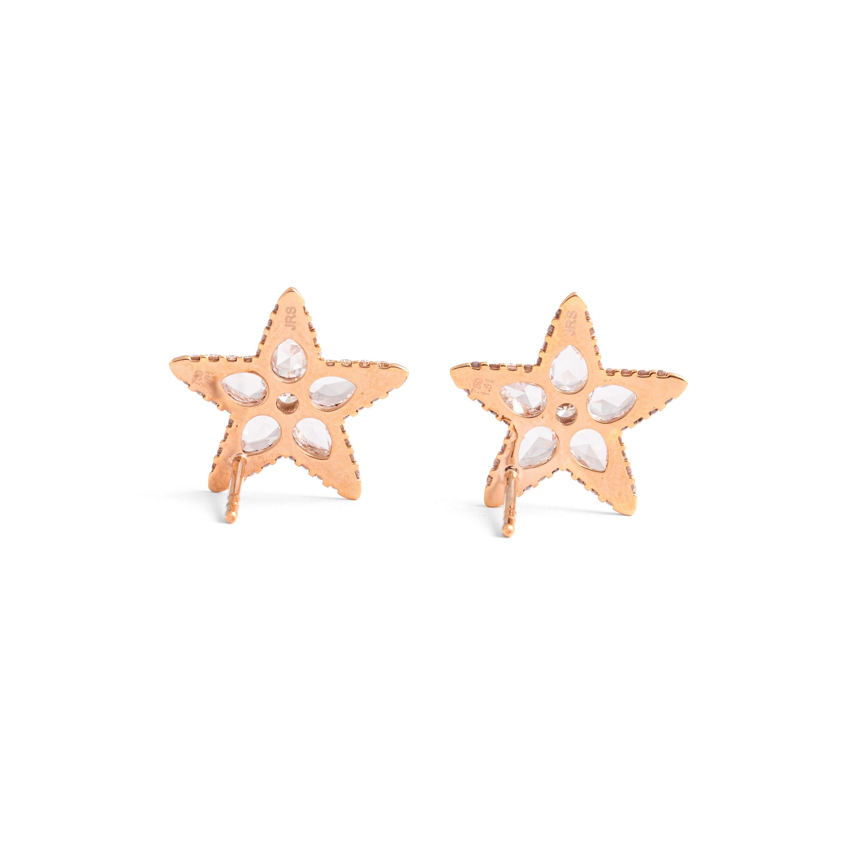 Rose Cut Diamond Rose Gold 18K Star Earrings For Sale