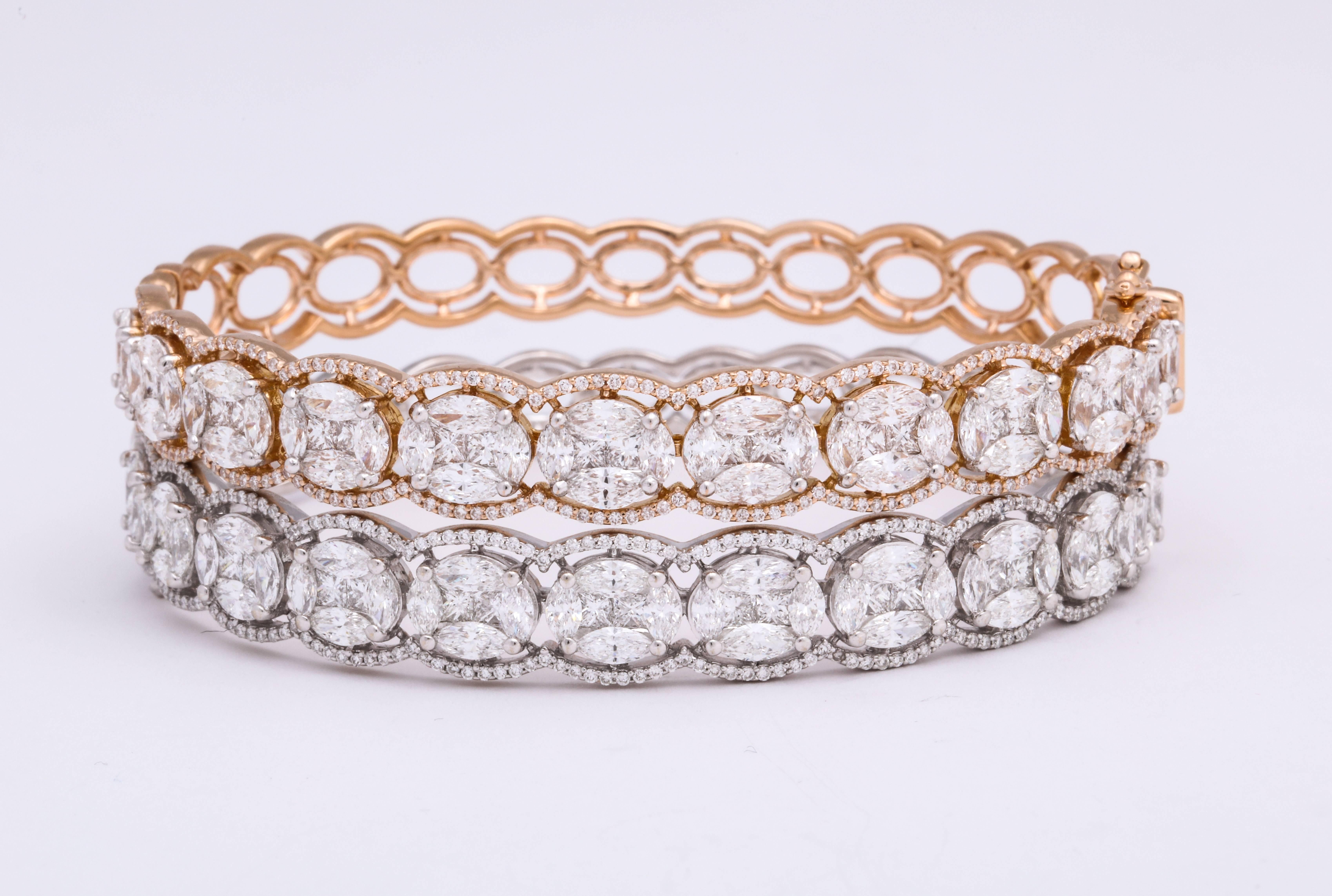 Contemporary Diamond Rose Gold and White Gold Hinged Stack Bracelets