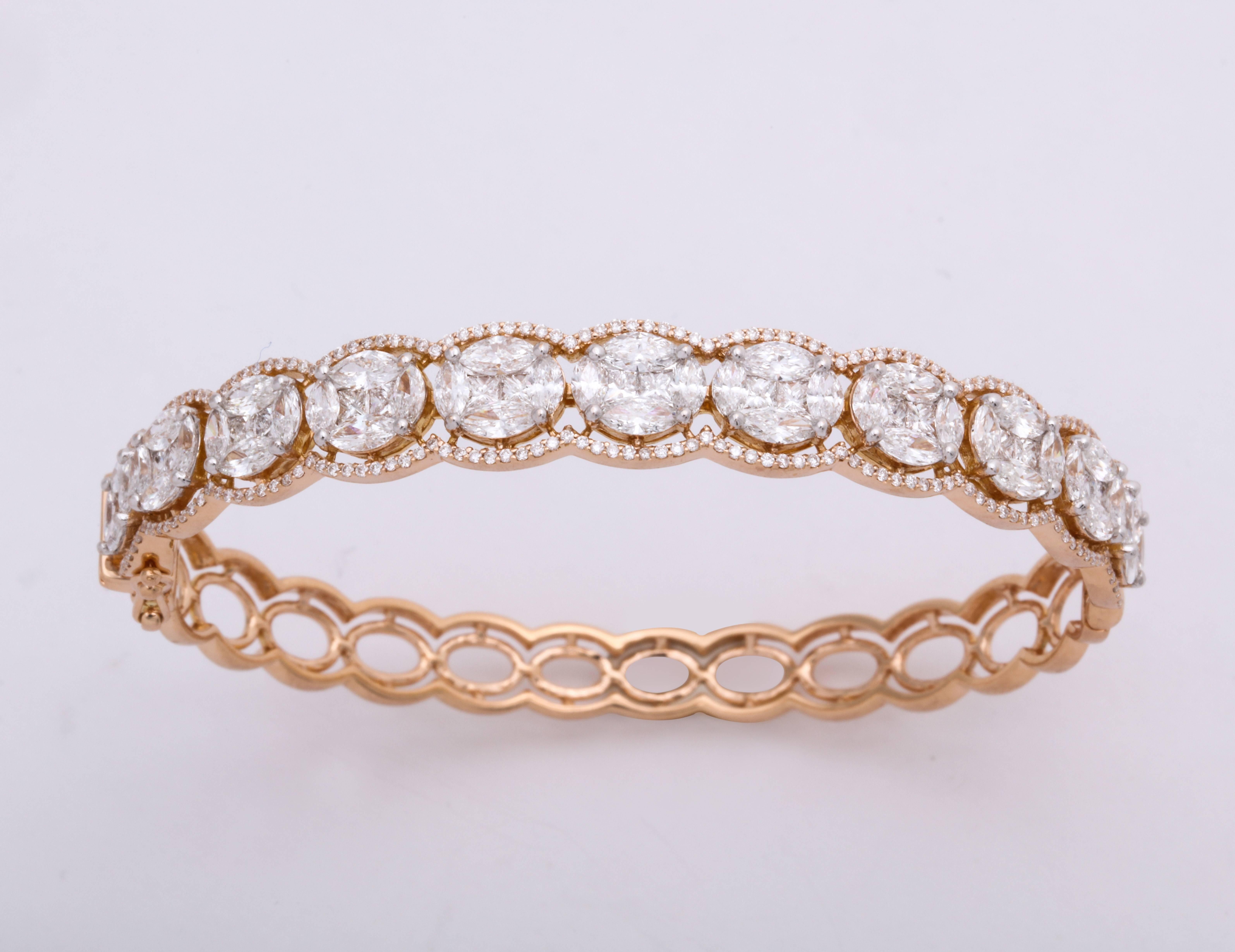 Round Cut Diamond Rose Gold and White Gold Hinged Stack Bracelets