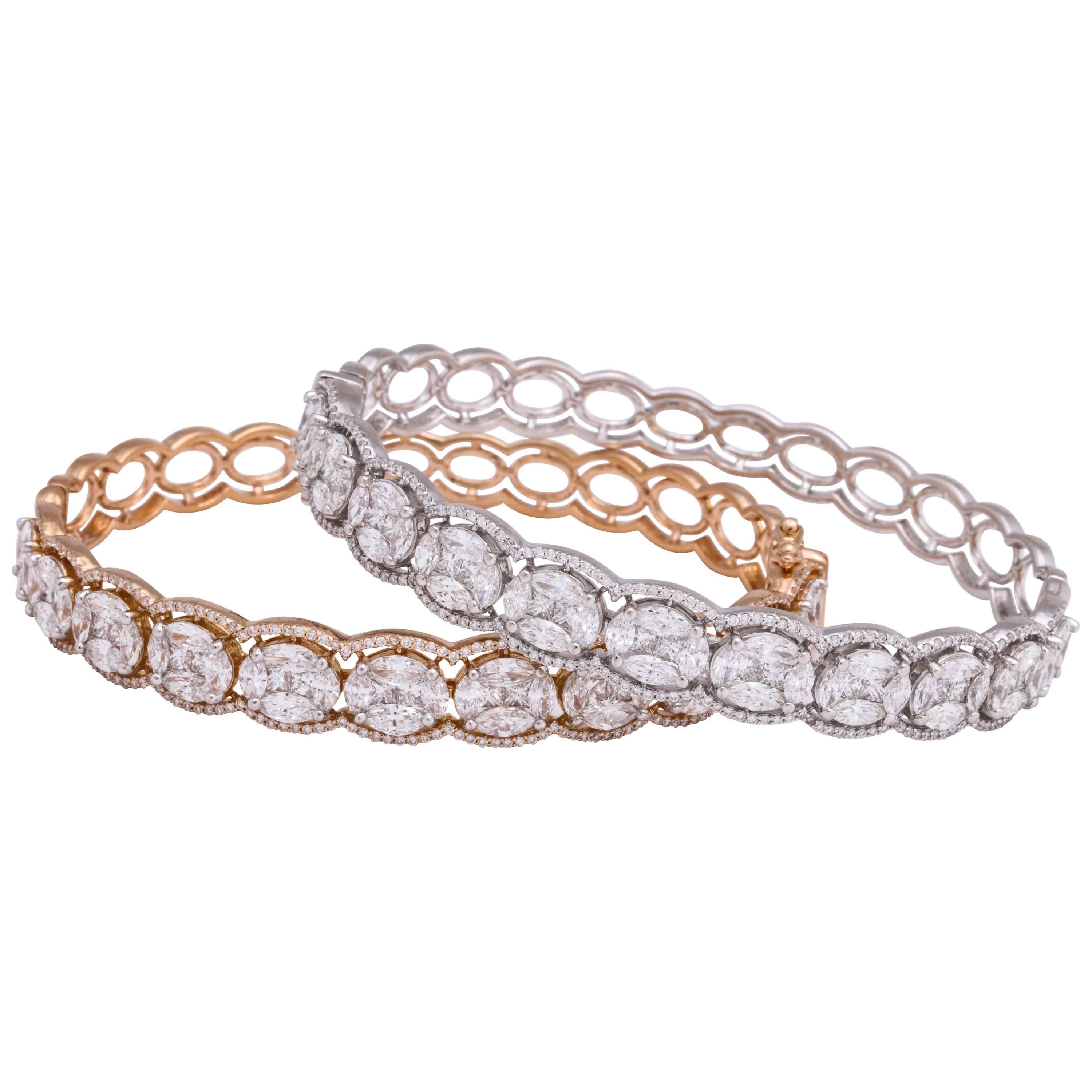 Diamond Rose Gold and White Gold Hinged Stack Bracelets