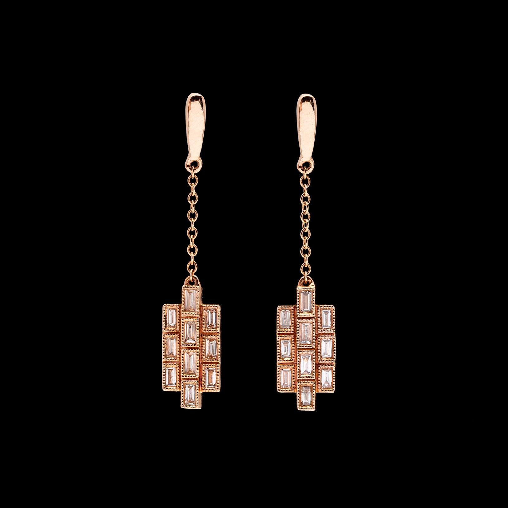 Contemporary Diamond Rose Gold Drop Earrings