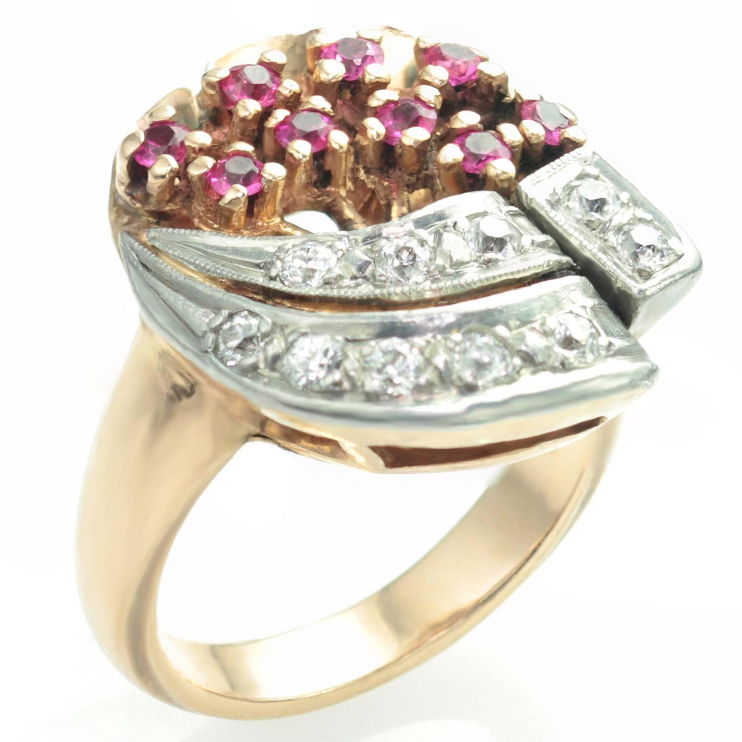 This classic women's ring features an intriguing retro flower bouquet design popular in 1940s. Made in platinum and 14k rose gold and set with synthetic rubies and sparkling brilliant-cut diamonds. Circa 1940s. Measurements: 0.86