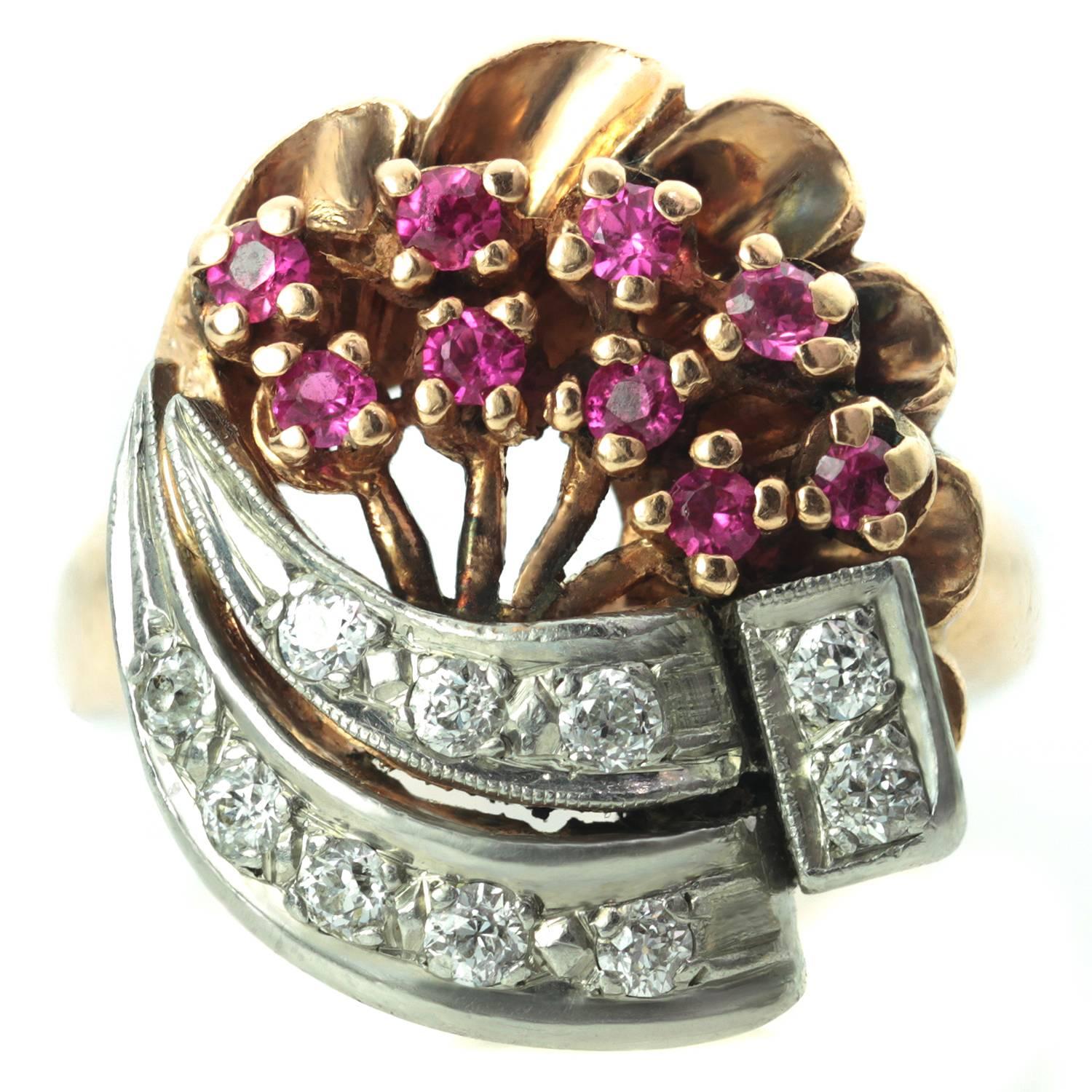 Diamond Rose Gold Platinum Flower Bouquet Ring For Sale