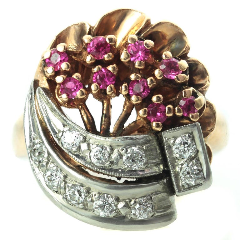 Diamond Rose Gold Platinum Flower Bouquet Ring For Sale at 1stDibs
