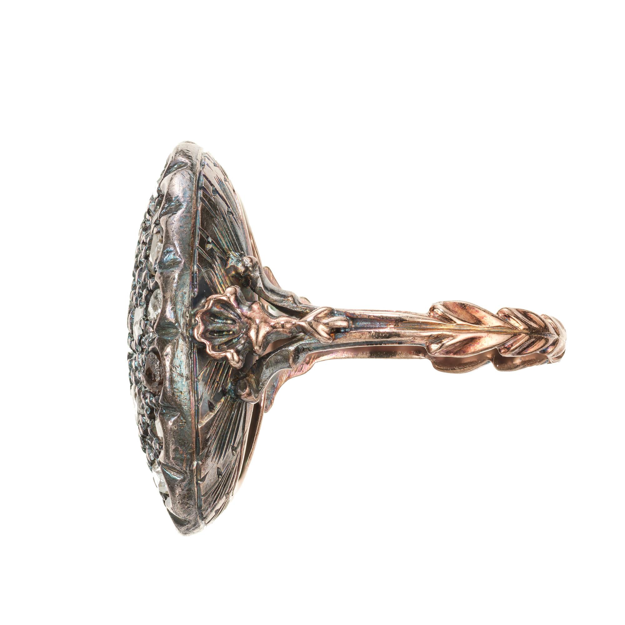 Cocktail-Cluster-Ring mit Diamant in Roségold und Silber (Rosenschliff) im Angebot