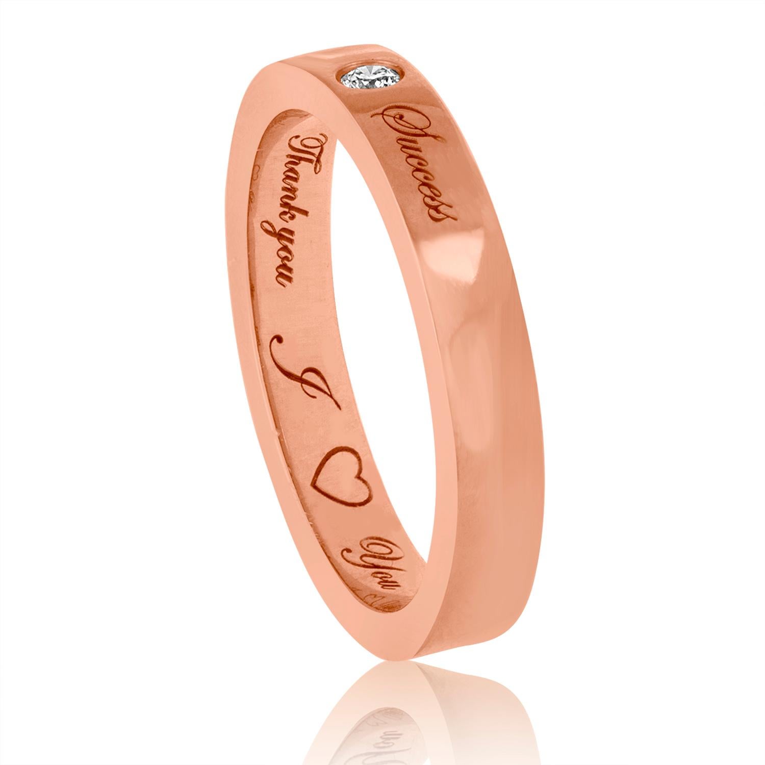 Very unusual wedding band.
The band is 18K Rose Gold.
There are 0.03 Carat Diamond G SI.
There are three inscriptions:.
