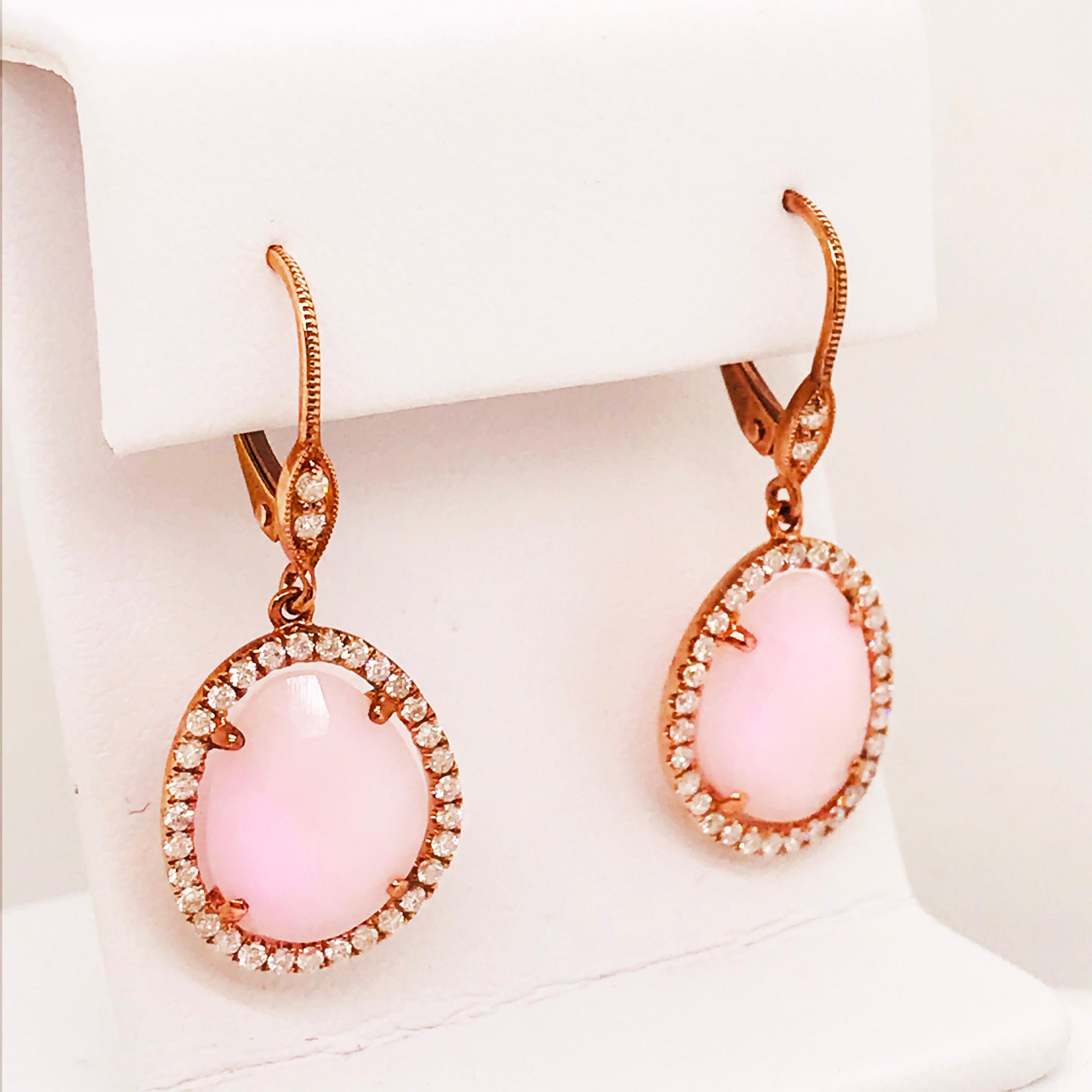 Modern Diamond and Pink Opal Dangle Earrings in 14 Karat Rose Gold, Dangle Earrings 