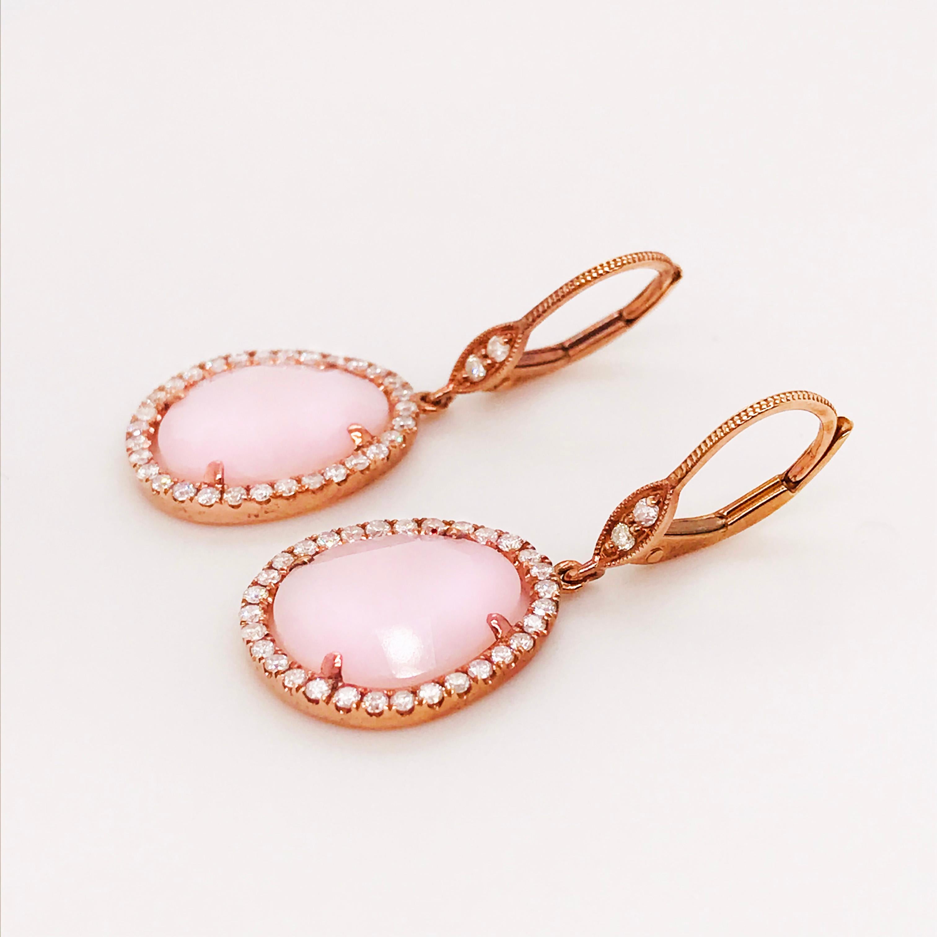 Diamond and Pink Opal Dangle Earrings in 14 Karat Rose Gold, Dangle Earrings  In New Condition In Austin, TX