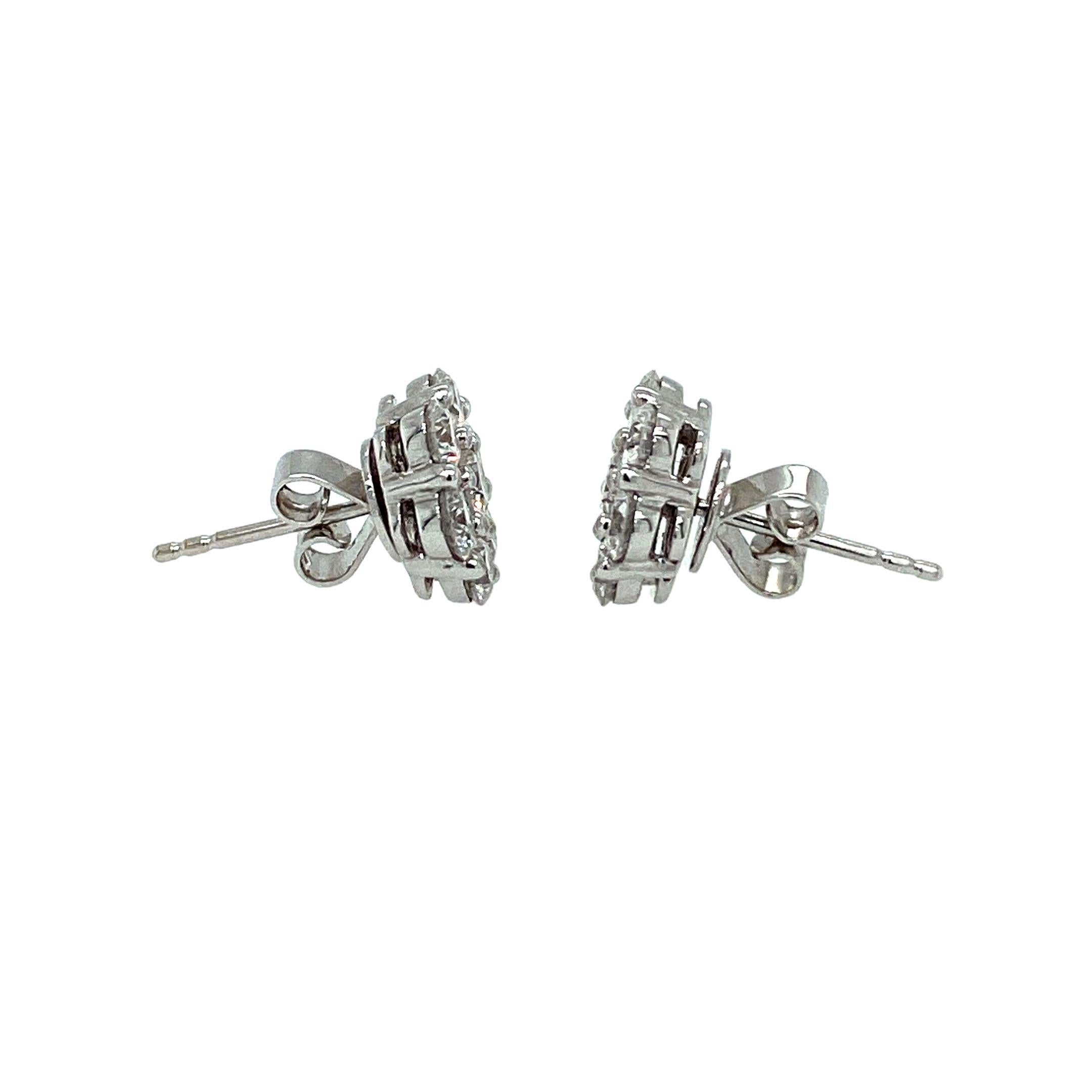 Rose Shaped Diamond Stud Earrings made with natural brilliant cut diamonds. Total Weight: 2.03 carats, Diamond Quantity: 14 (round diamonds), Color: H. Set on 18 karat white gold, pushback setting.