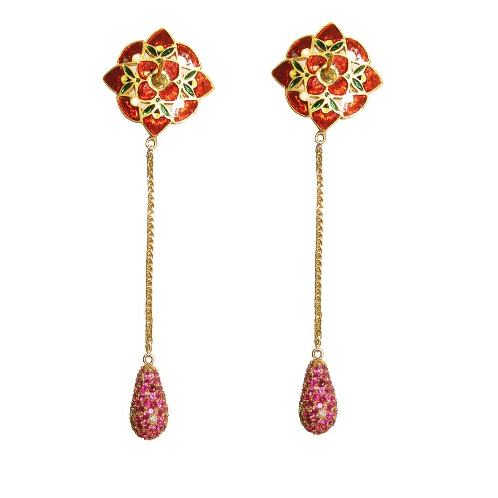 Modern Rose cut Diamond Ruby 18 Karat Gold Earrings For Sale