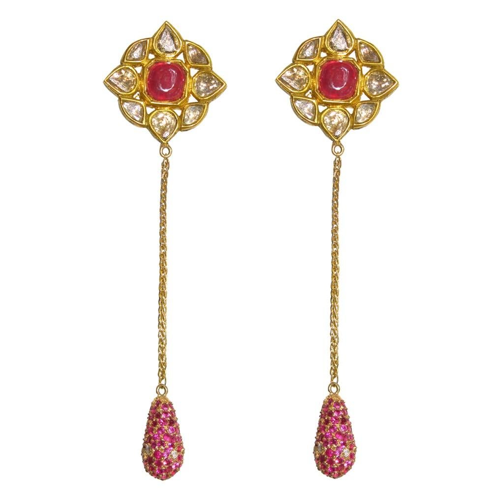 Mixed Cut Rose cut Diamond Ruby 18 Karat Gold Earrings For Sale