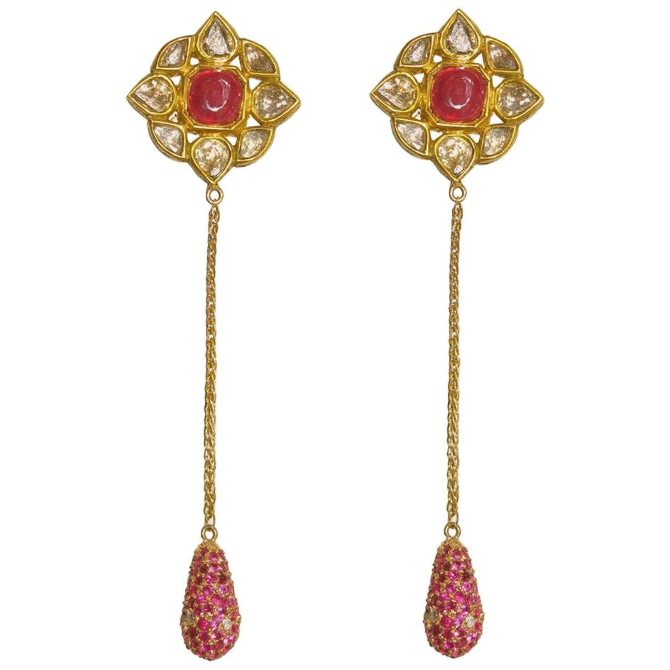 Rose cut Diamond Ruby 18 Karat Gold Earrings For Sale