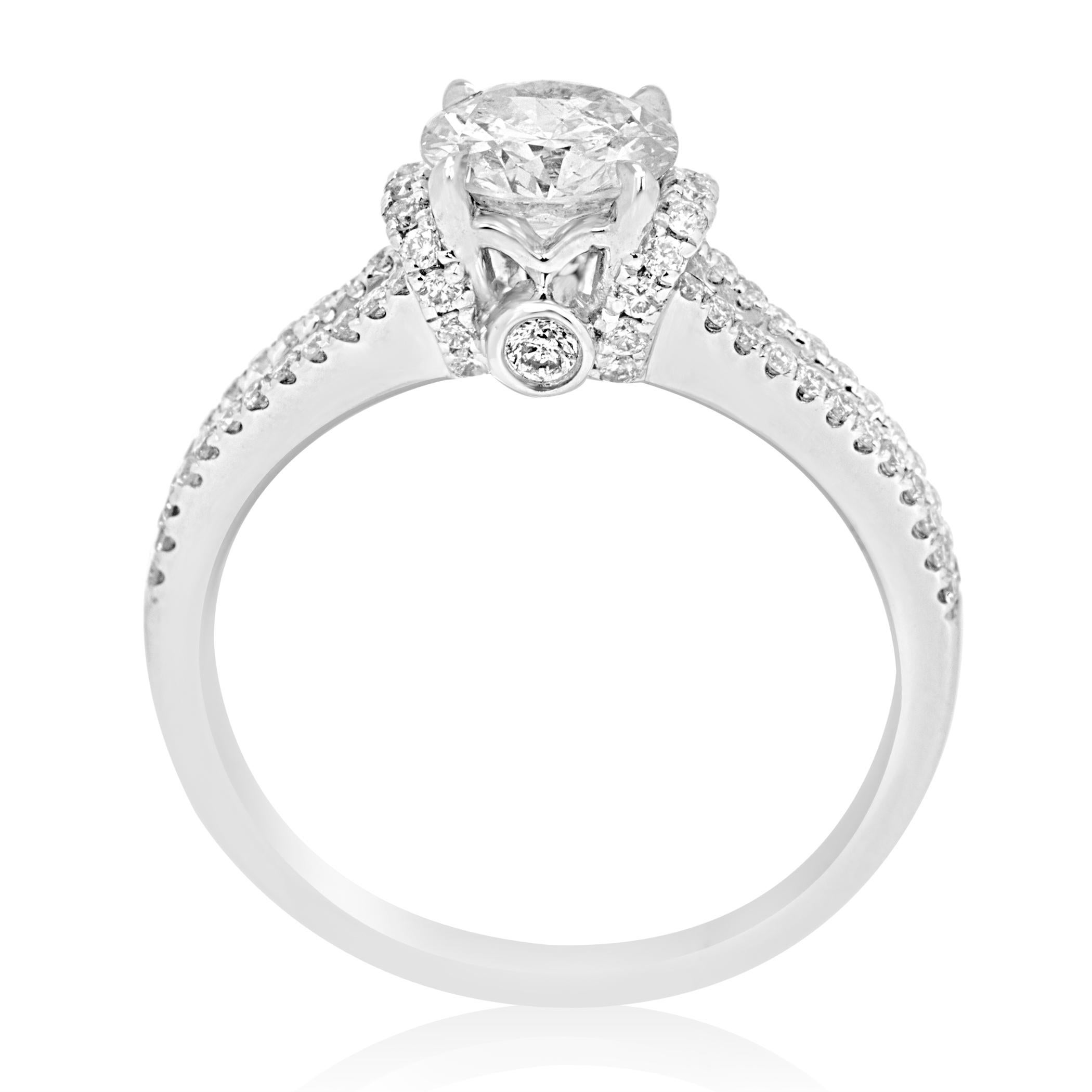 Round Cut White Diamond Round 1.32 Carat Weight Total 14K White Gold Engagement Ring