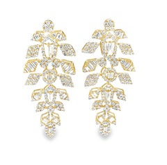 Diamond Round and Baguette Dangle Earrings in 18k Yellow Gold, 1.86 Carats Total